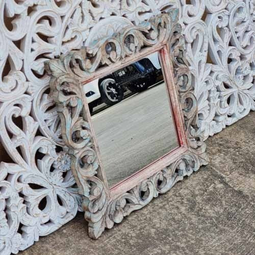 Hand Carved Indian Solid Wood Wall Mirror with Floral Pattern - Rustic Decor 56x66cm - Perfect for Living Room, Bedroom, or Entryway Décor