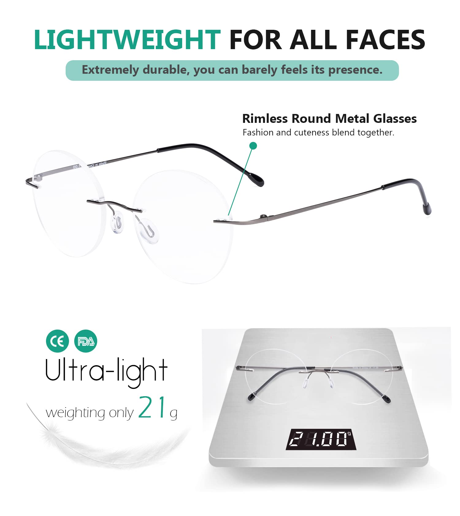 Frameless Reading Glasses for Women & Men - Lightweight Round Rimless Readers for Computer, Office, and Daily Use