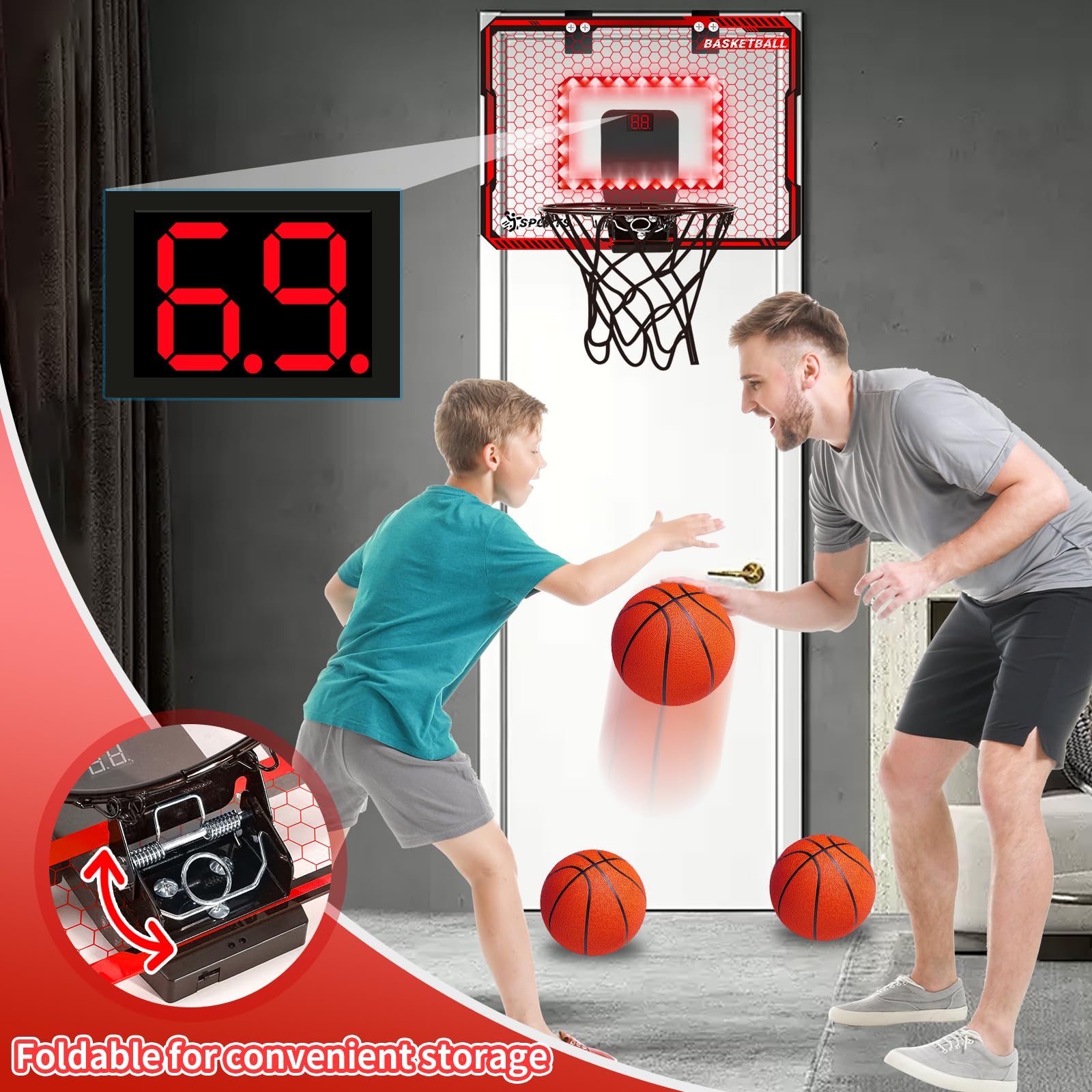 LED Basketball Hoop for Kids - Indoor Mini Hoop with Scoreboard & Balls - Fun Sports Gift for Boys 5-10 Years - Perfect for Bedroom & Playroom Games