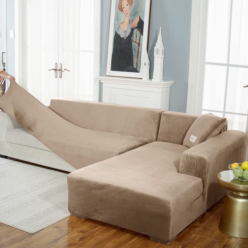 YOPOIY Stretch L-Shaped Sectional Sofa Slipcover - 2 Piece Jacquard Fabric Couch Cover with Elastic Bottom for Pets & Kids (White, 3-Seater + 4-Seater) - Perfect for Living Room Protection Against Spills, Stains, and Pet Hair