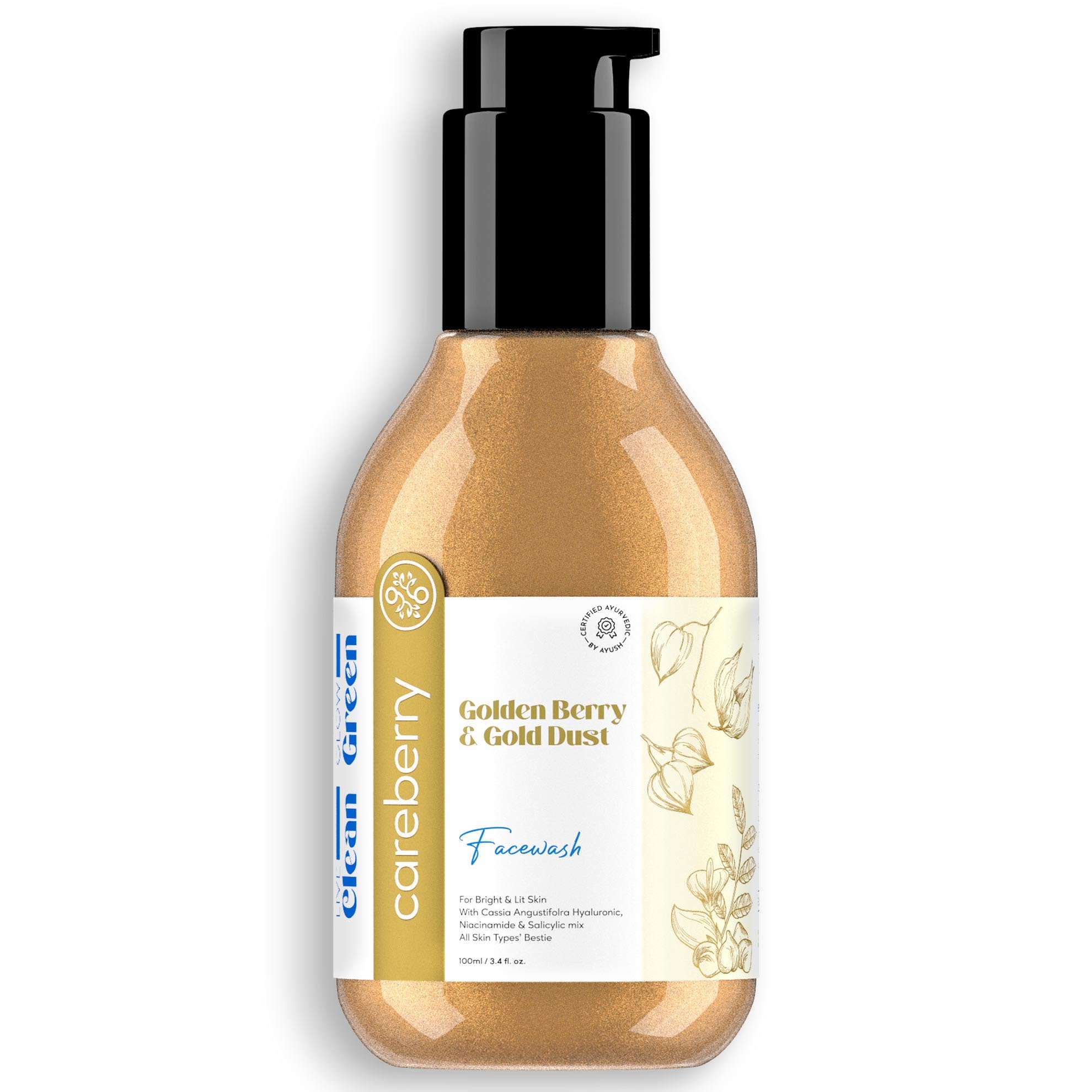 Careberry Golden Berry & Gold Dust Face Wash - Ayurvedic Brightening Cleanser with Hyaluronic Acid, Niacinamide & Salicylic Acid | Anti-Pollution, AYUSH Certified | For Glowing Skin (Men & Women, 100ml) | Perfect for Daily Skincare Routine & Pollution Protection