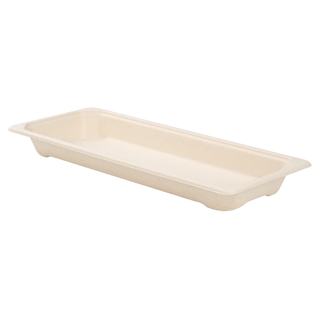 Eco-Friendly 8.7 x 3.5 Inch Microwavable Bagasse Sushi Trays - 100-Pack Sugarcane Fiber Dishes, Freezer Safe (Lids Sold Separately) | Perfect for Restaurants, Catering & Home Sushi Parties