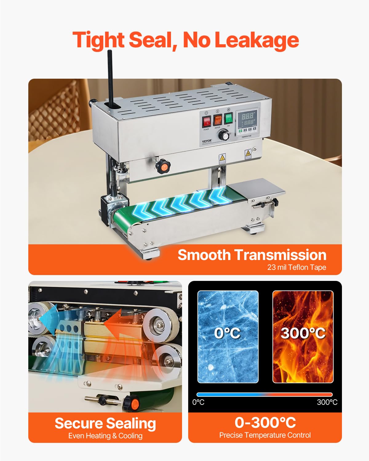 VEVOR Continuous Bag Band Sealing Machine - 6-12mm Seal Width, Digital Temperature Control, Stainless Steel Vertical Sealer for 0.02-0.8mm Plastic Bags & Films - Perfect for Food Packaging, Retail & Industrial Use