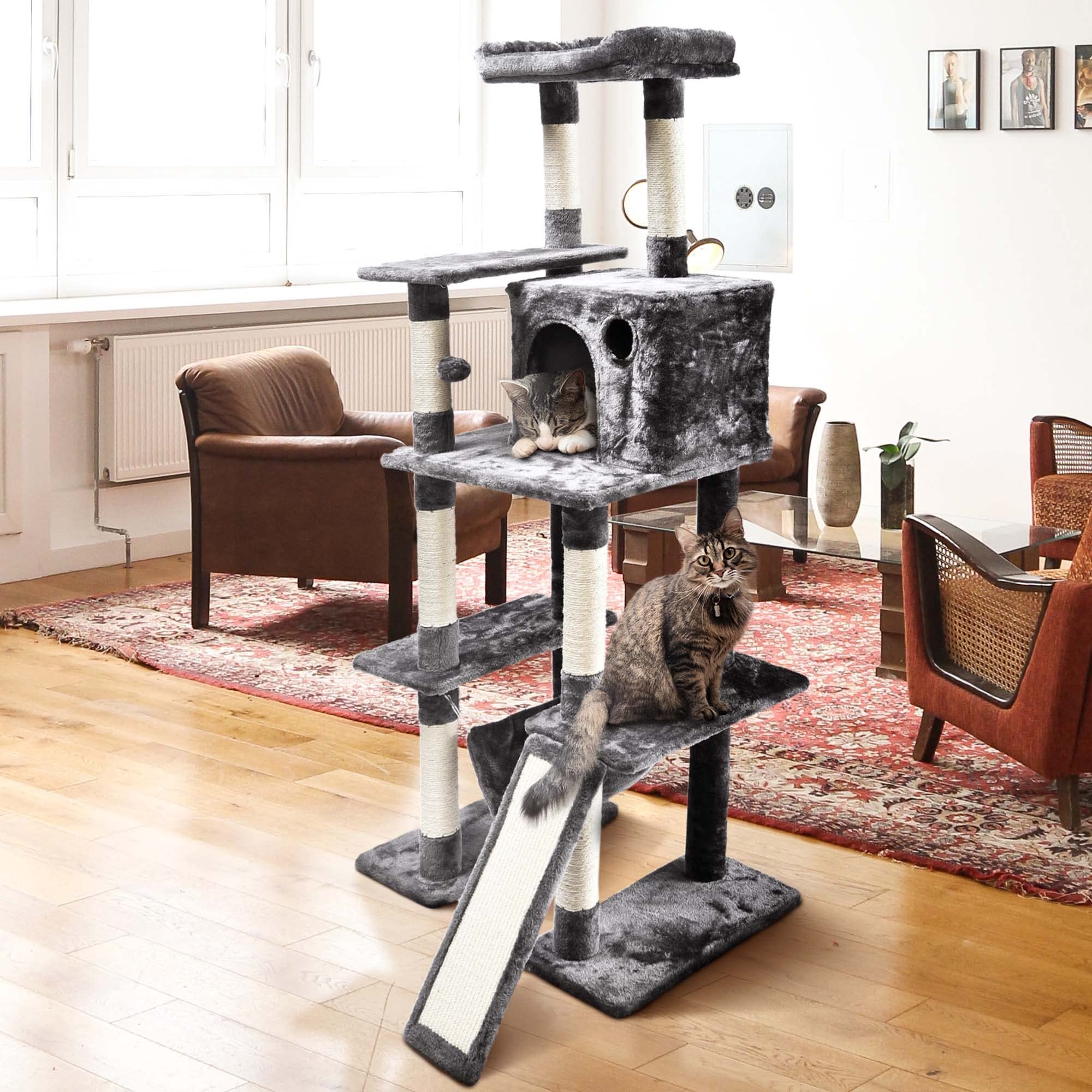 Premium 7-Level Cat Activity Tree with Plush & Sisal - Multi-Level Cat Condo, Ramp, Bed, Hammock & Hanging Toys for Play & Rest - Large Gray Cat Tower for Indoor Cats - Perfect for Small Spaces & Multi-Cat Homes