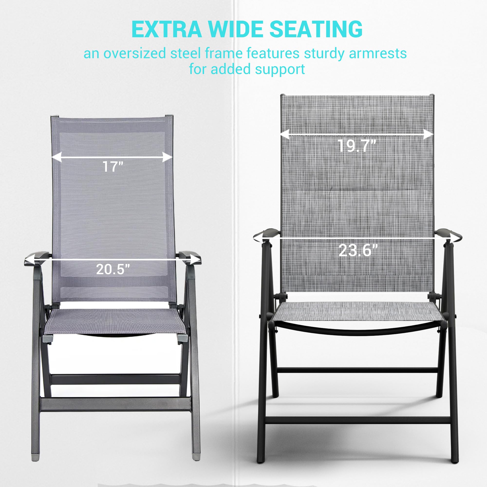 UDPATIO 2-Pack Patio Folding Dining Chairs Set - Steel Frame Outdoor Folding Chairs with Padded Textilene Seat, All-Weather Breathable & Portable Lawn Chairs for Adults - No Assembly Required (Grey White) - Perfect for Backyard, Poolside, Camping & Picnics