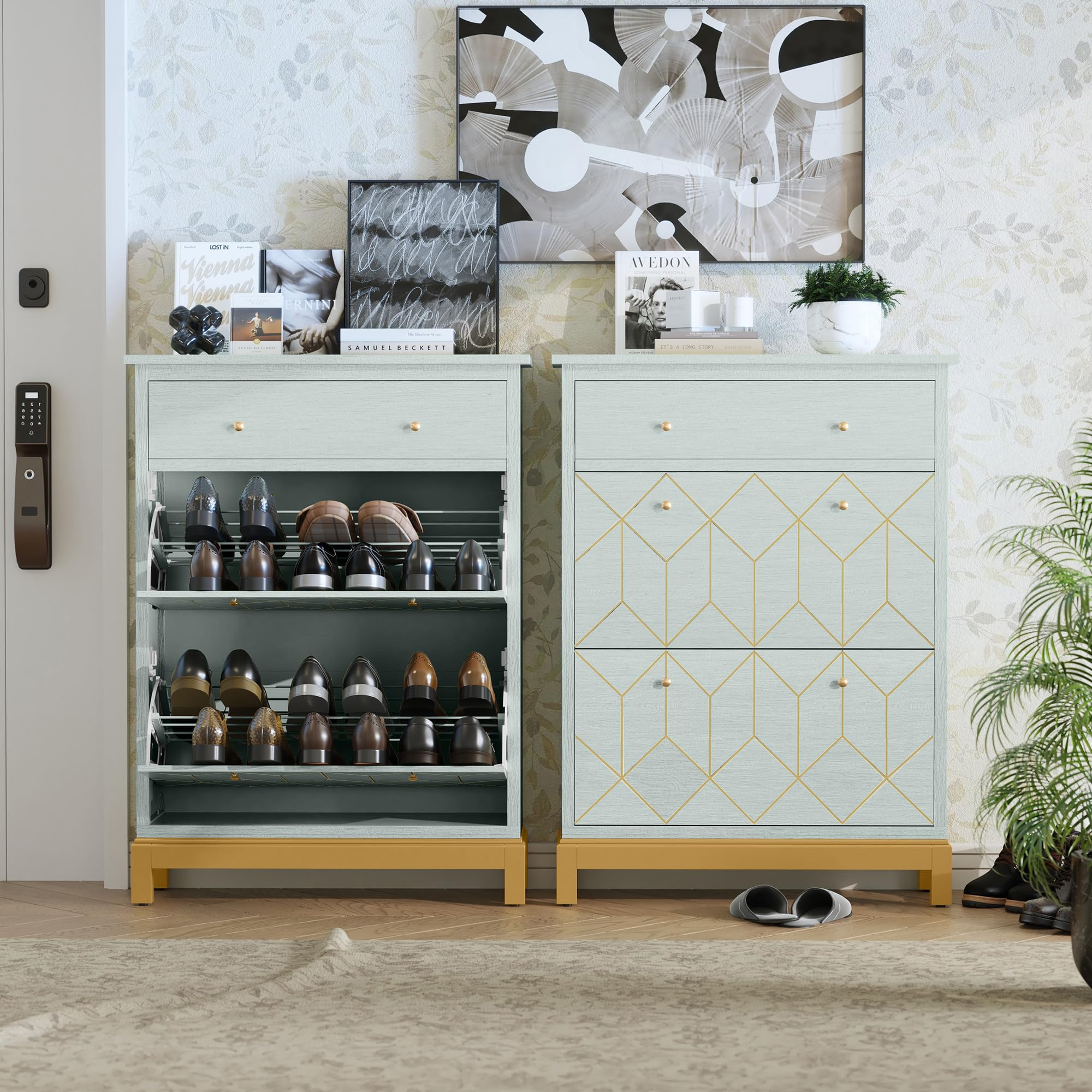 Space Saving Hidden Shoe Cabinet with 2 Flip Doors & 1 Drawer - Freestanding Entryway Shoe Storage Organizer, Narrow Shoe Rack for Hallway, Living Room, Bedroom - Green with Gold Legs - Perfect for Small Spaces & Apartment Entryways