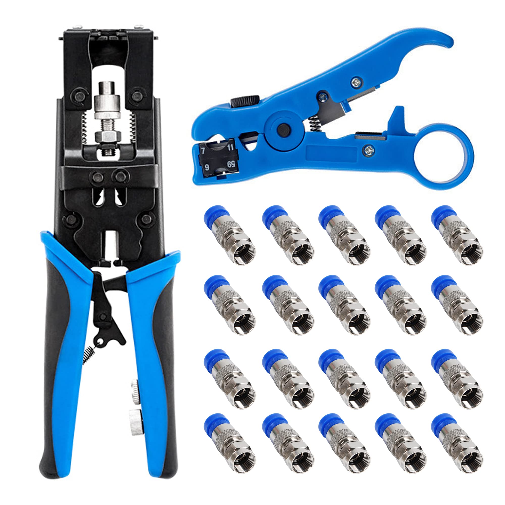 Premium Coax Compression Crimping Tool Kit (Blue) - Professional Coaxial Cable Crimper with 20 F-Type Connectors & Mini Wire Stripper - Perfect for Cable TV, Satellite, Internet & Security System Installations