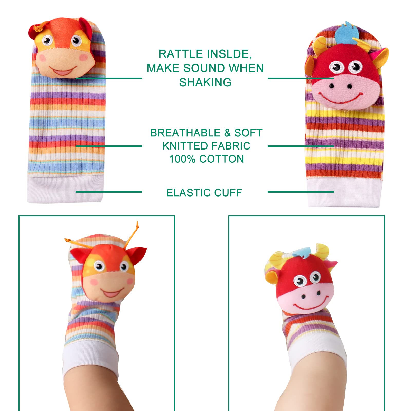 Rattle Socks Baby Toys for 0-6 Months - Soft Infant Developmental Toy with Animal Rattles for Newborn Boys & Girls - Perfect Baby Shower Gift & Easter Basket Stuffer (4-Pack) - Stimulate Senses & Encourage Early Learning During Tummy Time & Playtime