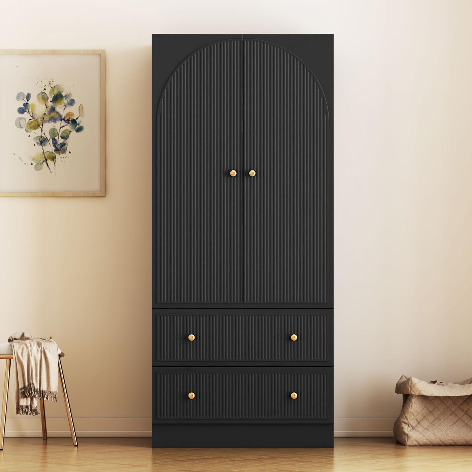 QHITTY Freestanding Bedroom Armoire Wardrobe with 2 Drawers & Clothing Rod - Black Storage Cabinet for Clothes, Bedroom & Living Room Organization | Perfect for Small Spaces, Apartments & Home Decor