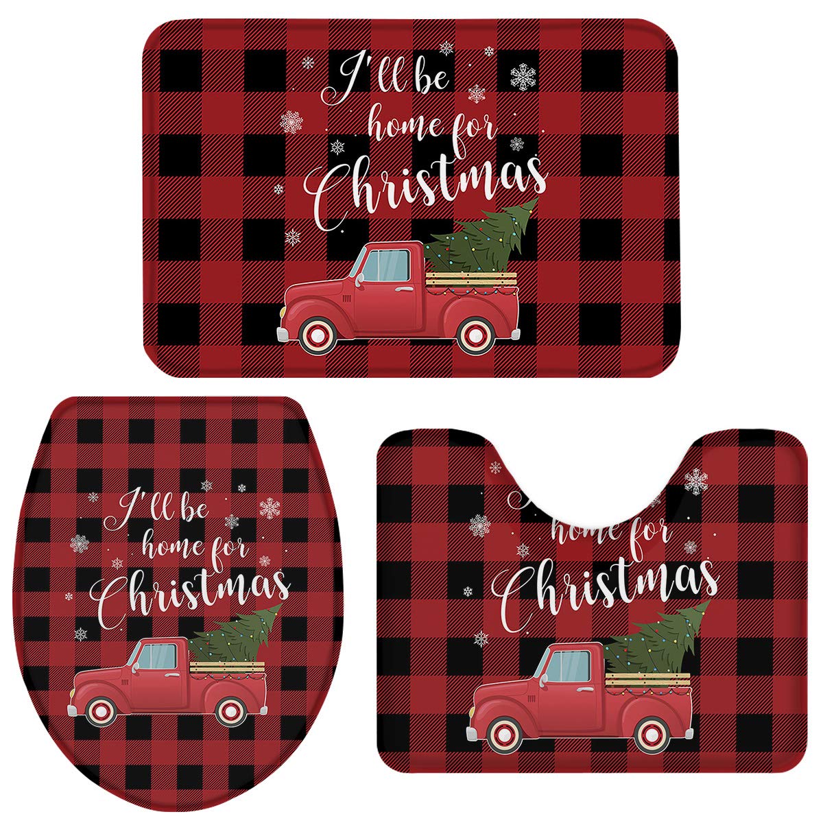 3-Piece Farmhouse Christmas Truck & Tree Bath Rug Set - Soft, Non-Slip, Absorbent U-Shaped Toilet Mat Cover - Red & Black Buffalo Plaid Bathroom Decor for Holiday Home, Guest Bath, and Cozy Winter Styling
