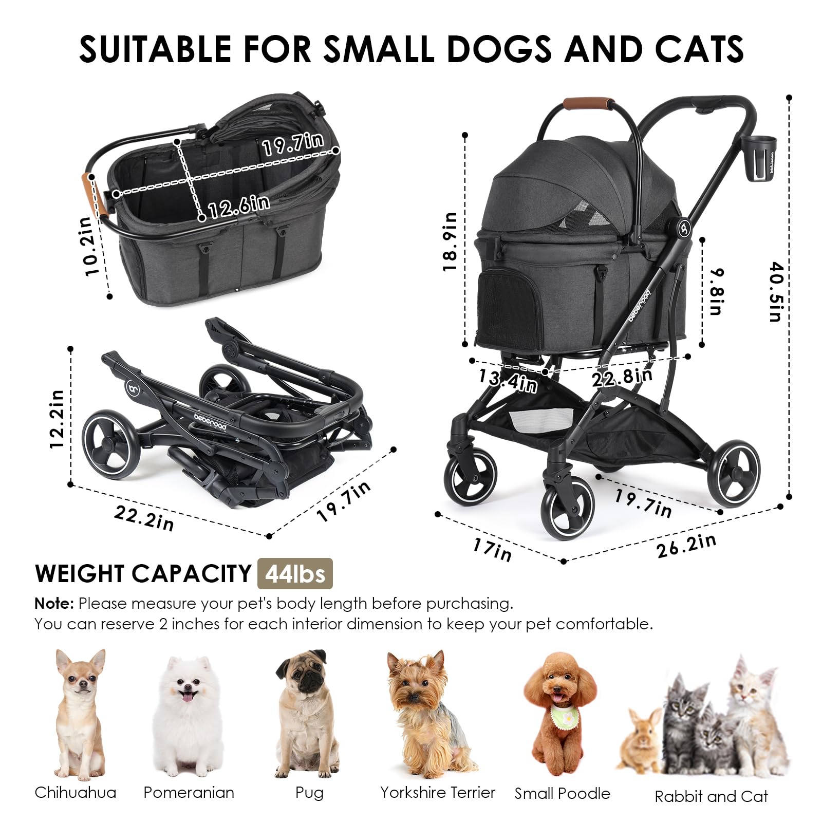 T3 3-in-1 Small Pet Stroller for Dogs & Cats - 4-Wheel Lightweight Folding Stroller with Removable Carrier, Cushion Pad, Sun Canopy & Cup Holder - Perfect for Walking, Shopping & Outdoor Adventures (Black)