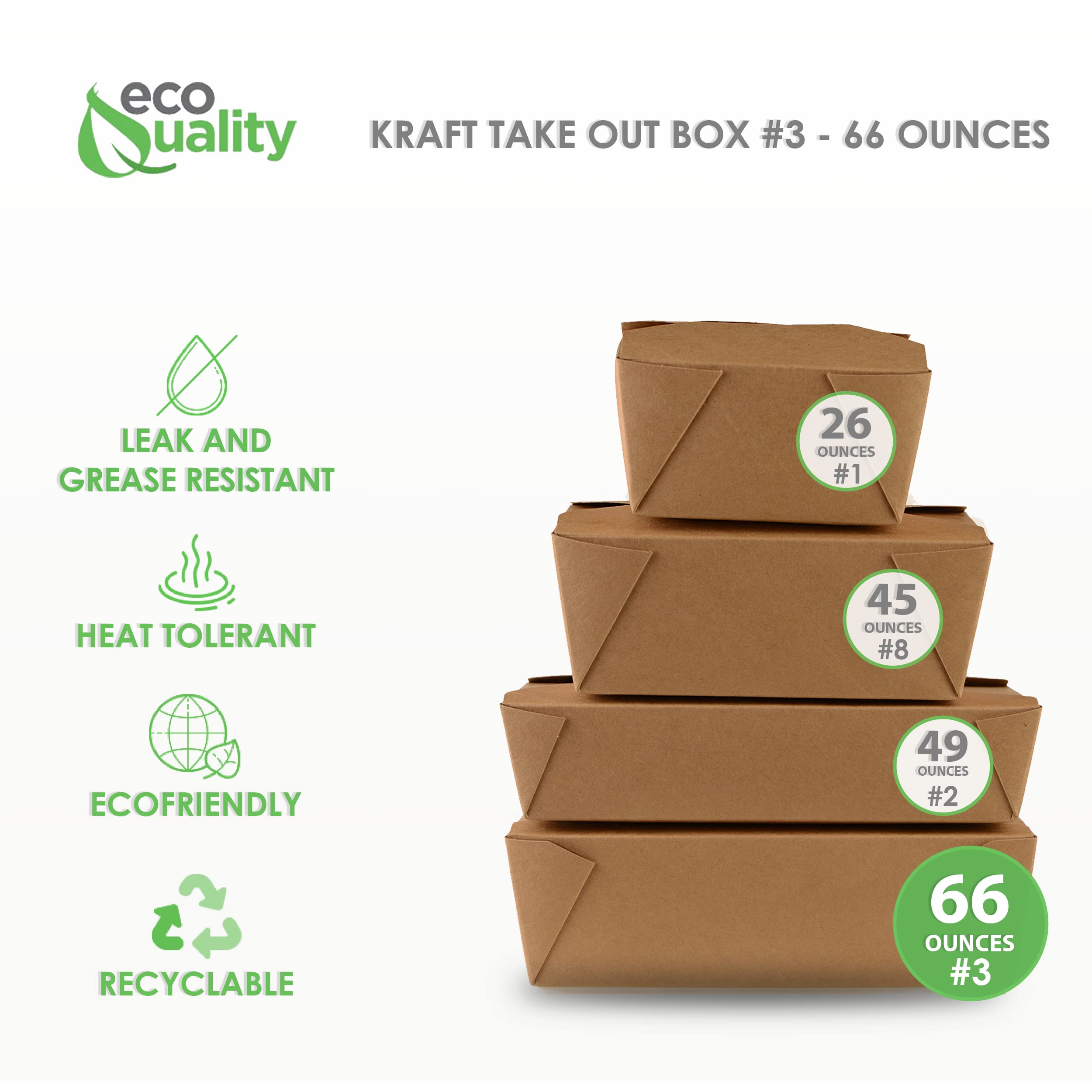 EcoQuality 200 Pack 66 oz Kraft Brown Microwaveable Take Out Food Containers - Leak & Grease Resistant To-Go Boxes for Restaurants, Catering, Food Trucks - Recyclable Lunch Boxes | Perfect for Takeout, Delivery, Picnics & Office Lunches
