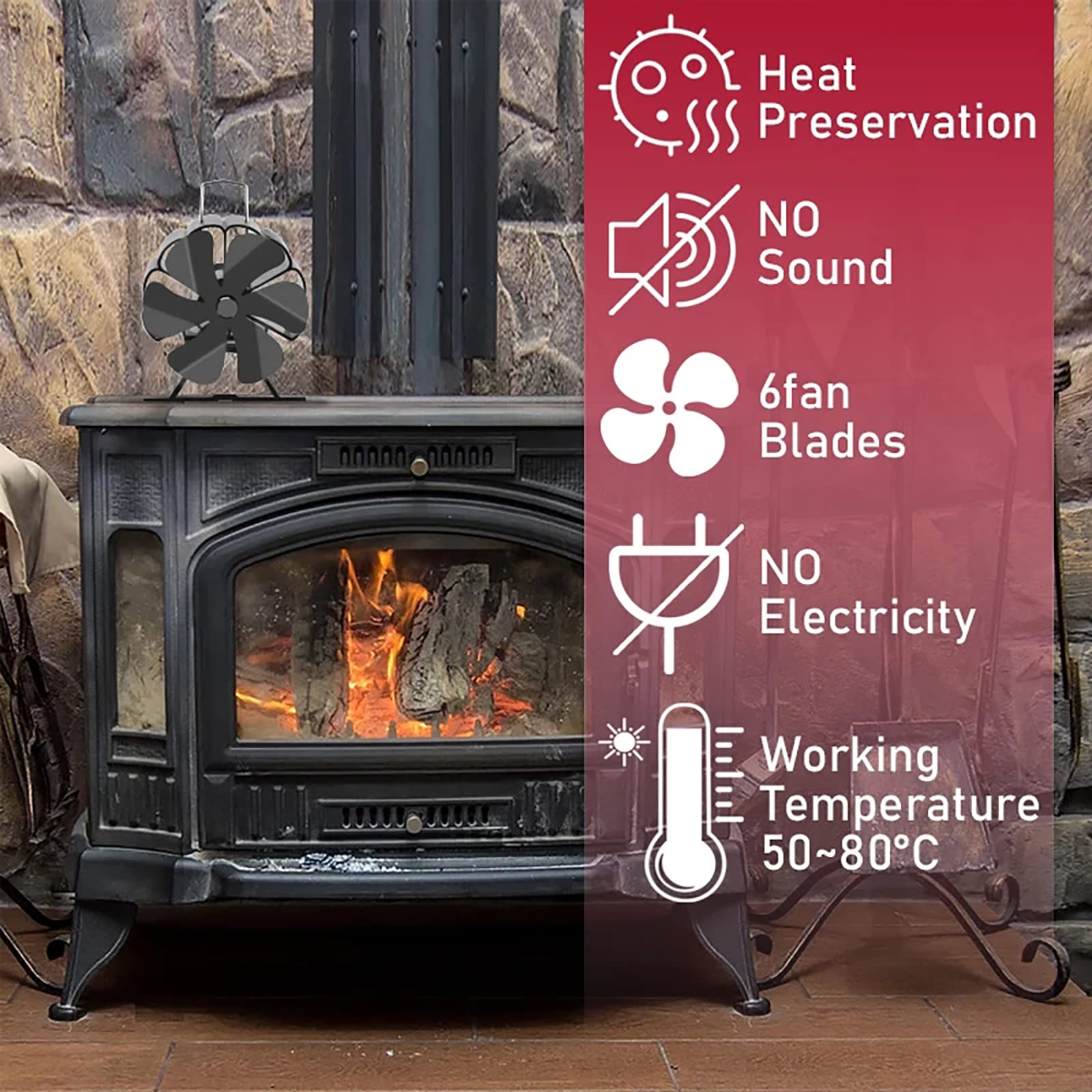 MOTOFUTURE 6-Blade Heat Powered Fireplace Fan - Ultra Quiet Wood Stove Fan for Fireplace & Log Burner | Eco-Friendly, No Electricity Needed | Perfect for Home Heating & Energy Savings