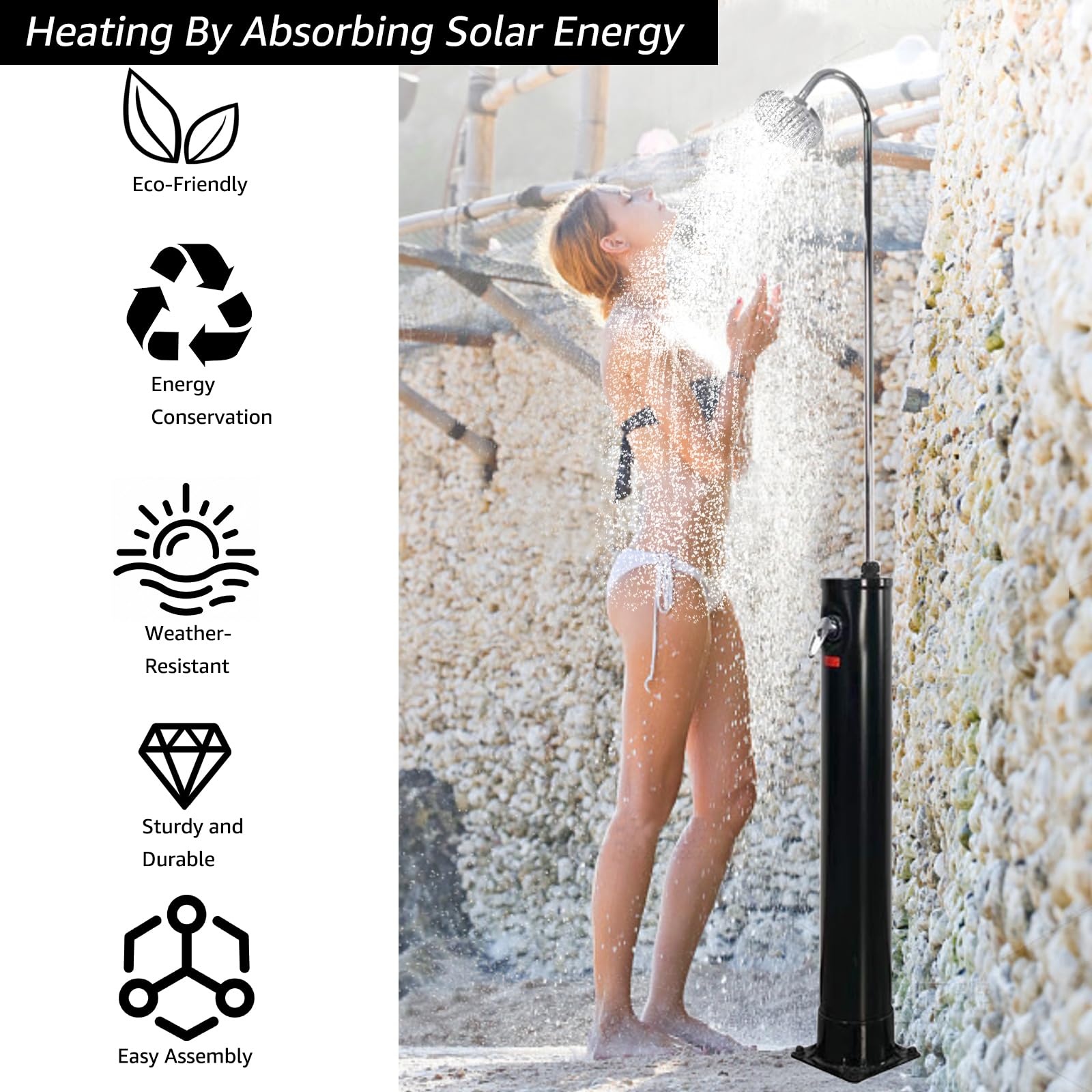 6.5 FT 5.3 Gallon Solar-Powered Outdoor Shower with Adjustable Shower Head & Foot Tap - Perfect for Pool, Backyard, Garden, Beach & Spa | Portable Hot Water Shower for Camping, RV Trips & Outdoor Adventures