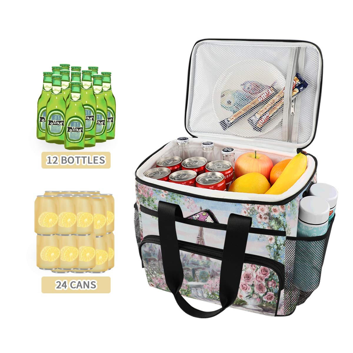 ALAZA Paris Eiffel Tower Floral Rose Print Large Insulated Cooler Tote Bag - Perfect for Picnics, Beach Trips & Lunch Storage | Spring Collection