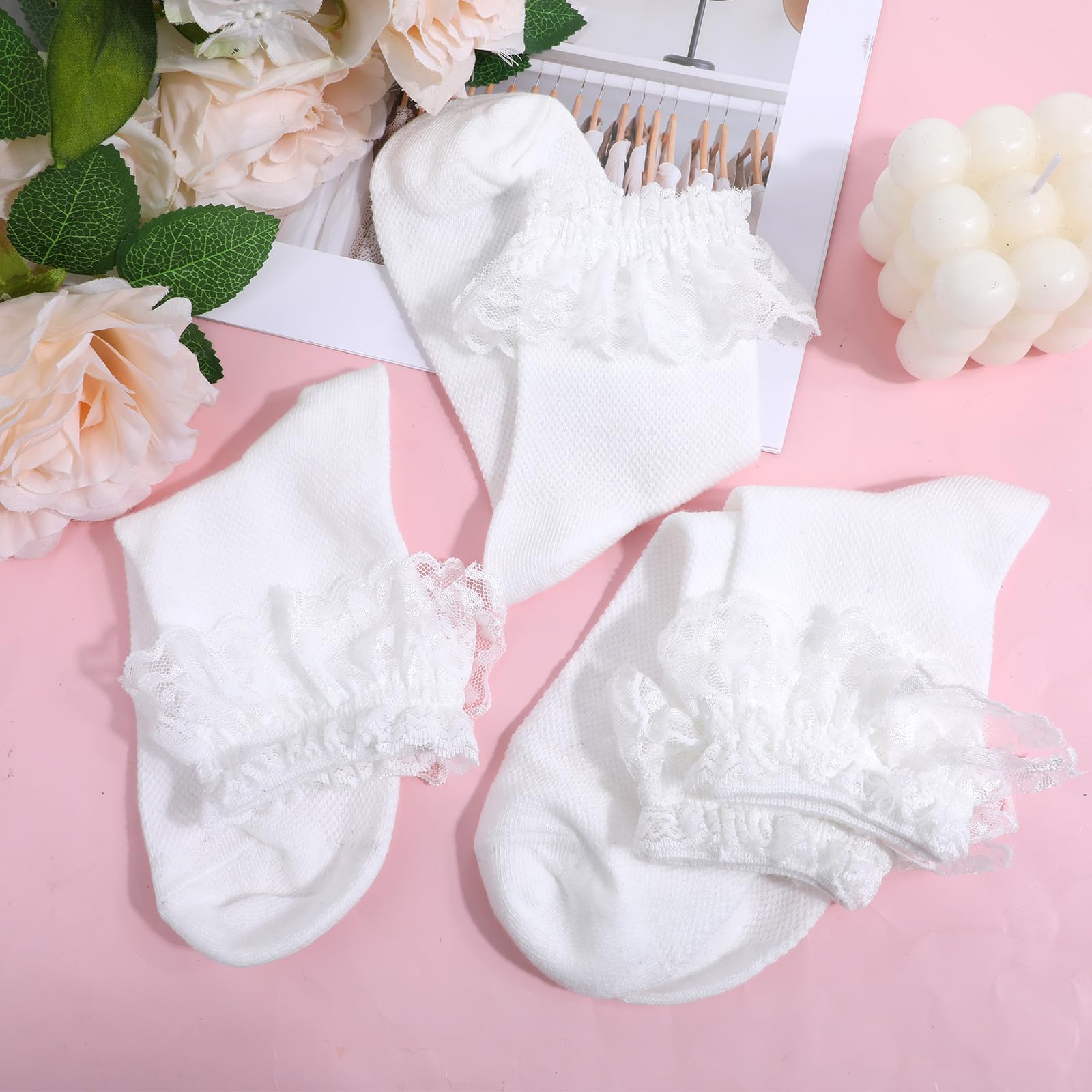 2 Pairs Women's Lace Ruffle Ankle Socks - Soft Frilly Crew Socks for Everyday Wear, Fashionable & Comfortable - Perfect for Casual Outfits, Dresses, and Special Occasions