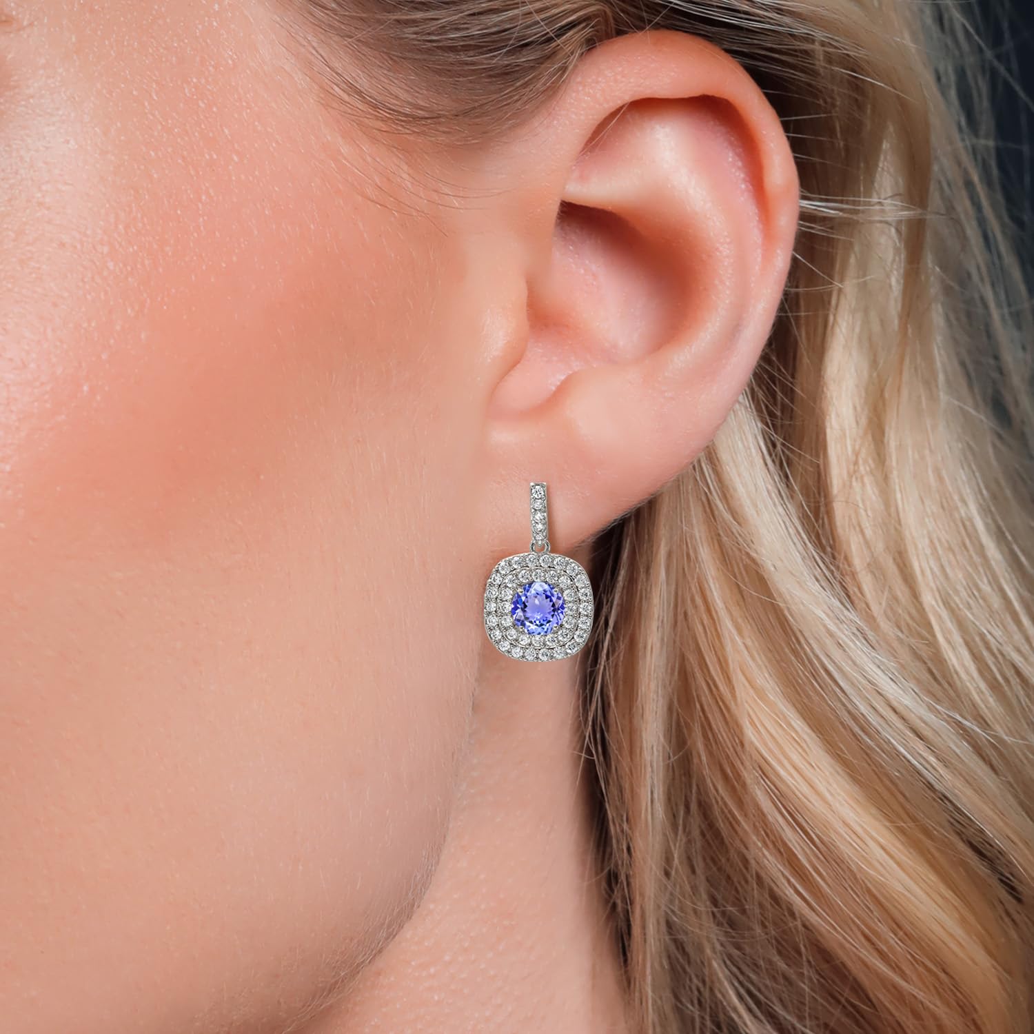 Gem Stone King 6MM Round Gemstone Birthstone Drop Dangle Double Halo Earrings For Women | Sterling Silver Dainty Jewelry | Perfect Gift for Birthday, Anniversary & Special Occasions