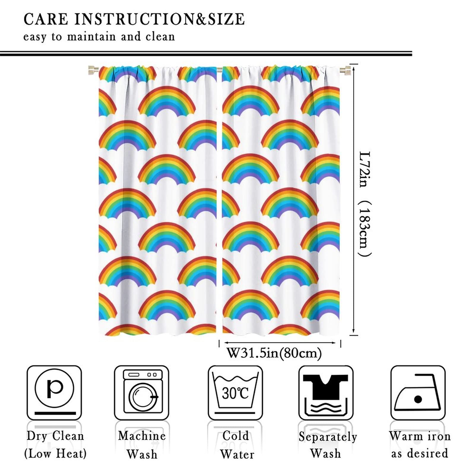 Rainbow Kids Curtains - Seamless Rainbow Pattern Window Treatments, 2 Panel Set 63x72 inches for Living Room, Bedroom, Kitchen & Cafe - Perfect for Nursery Decor & Playroom Windows