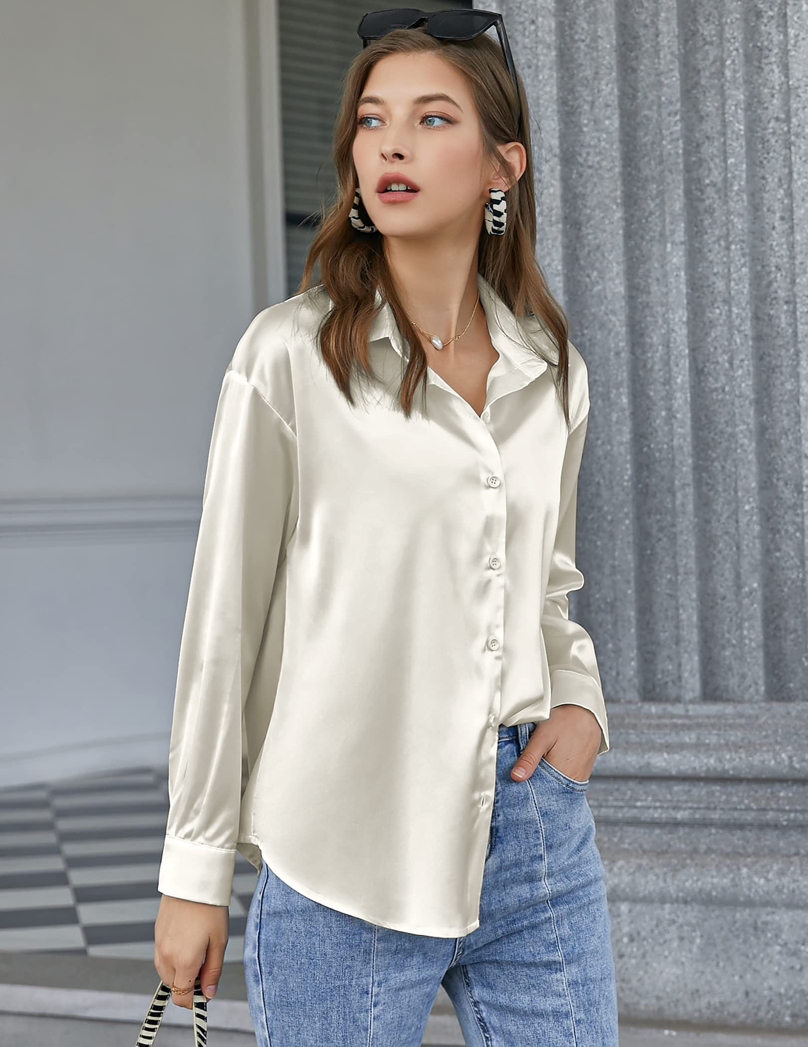 Chigant Women's Satin Silk Blouse - Button Down Long Sleeve Shirt for Office Work & Casual Wear - Elegant Loose Tunic Top for Business, Dating and Special Occasions