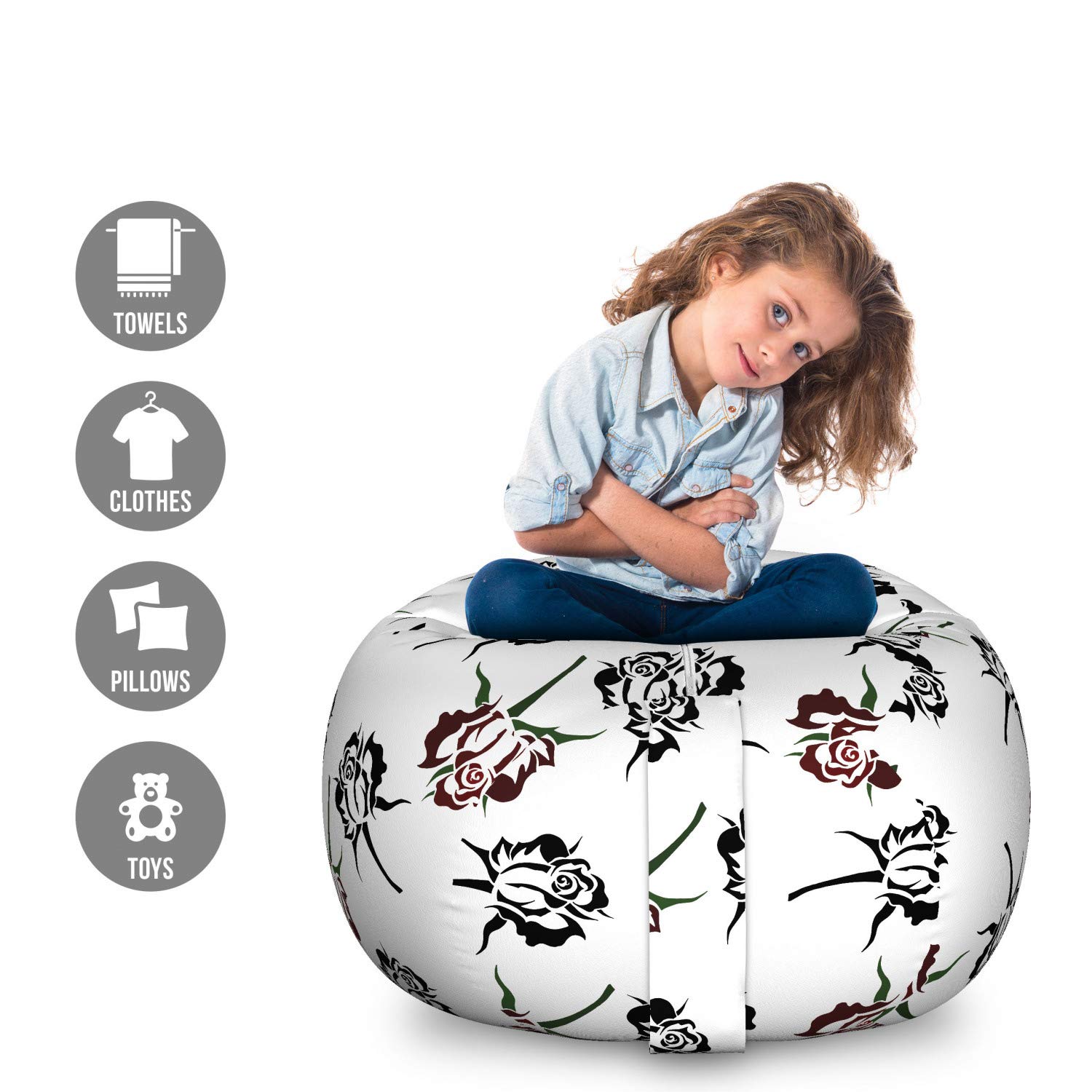 Ambesonne Large Washable Storage Toy Bag Chair with Romantic Roses Pattern - Fuchsia Dark Green Stuffed Animal Organizer for Kids' Room, Nursery, or Playroom Organization