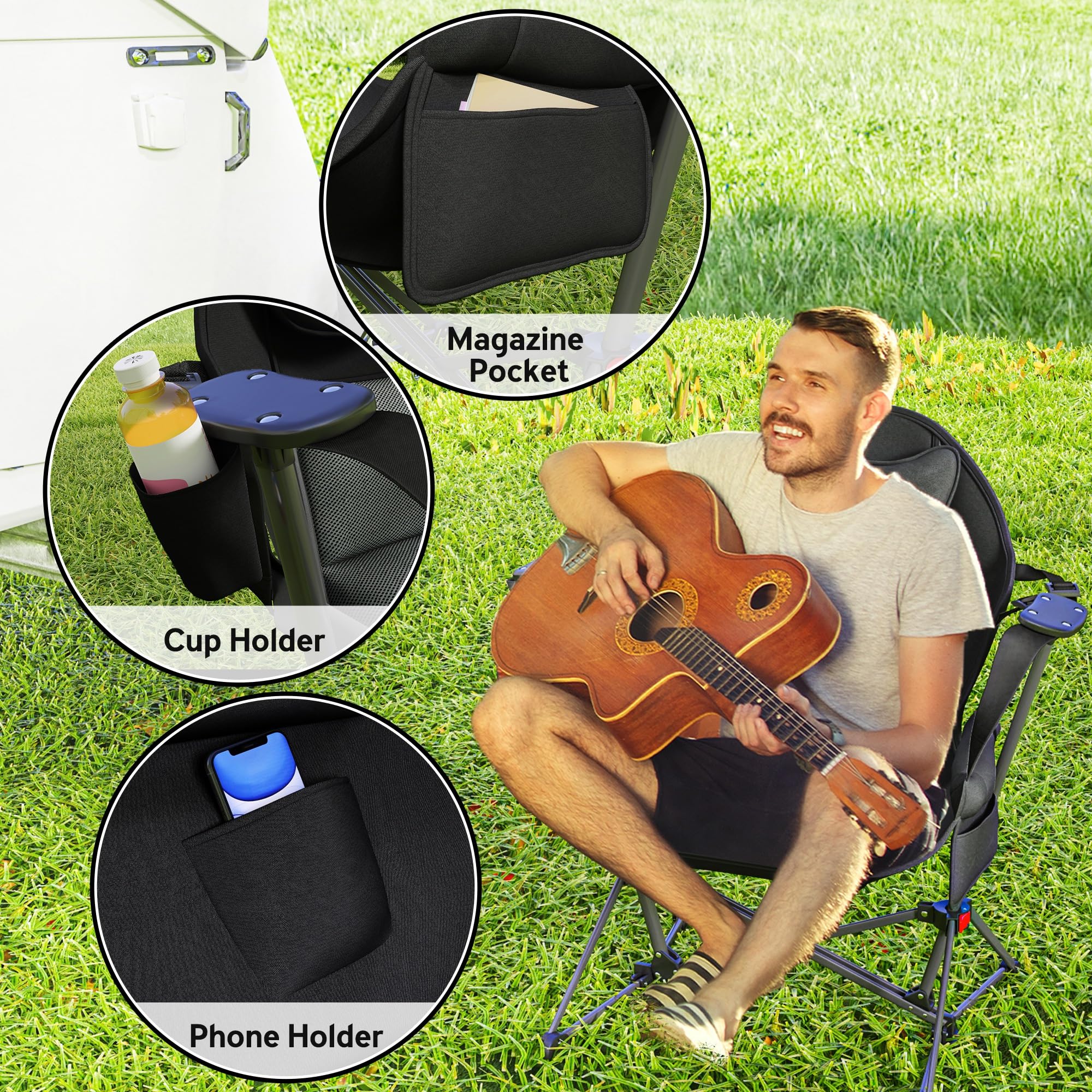 Outsunny Double Hammock Camping Chair - Adjustable Folding Rocking Chair with Cup Holder, Headrest & Padded Seat - Portable for Travel, Sports Events, Concerts, Backyard & Beach Relaxation - Black