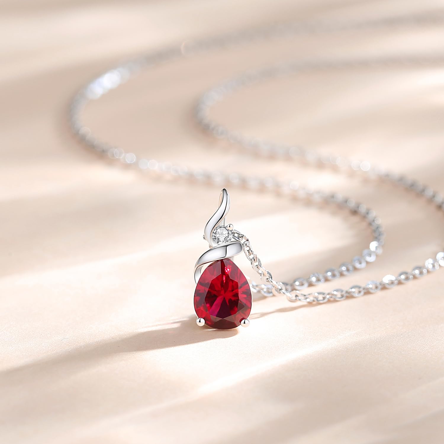 14K Solid White Gold Birthstone Pendant Necklace for Women | Diamond Pear Shaped Teardrop Necklace | Birthday Gift for Mom | Sterling Silver Chain 16