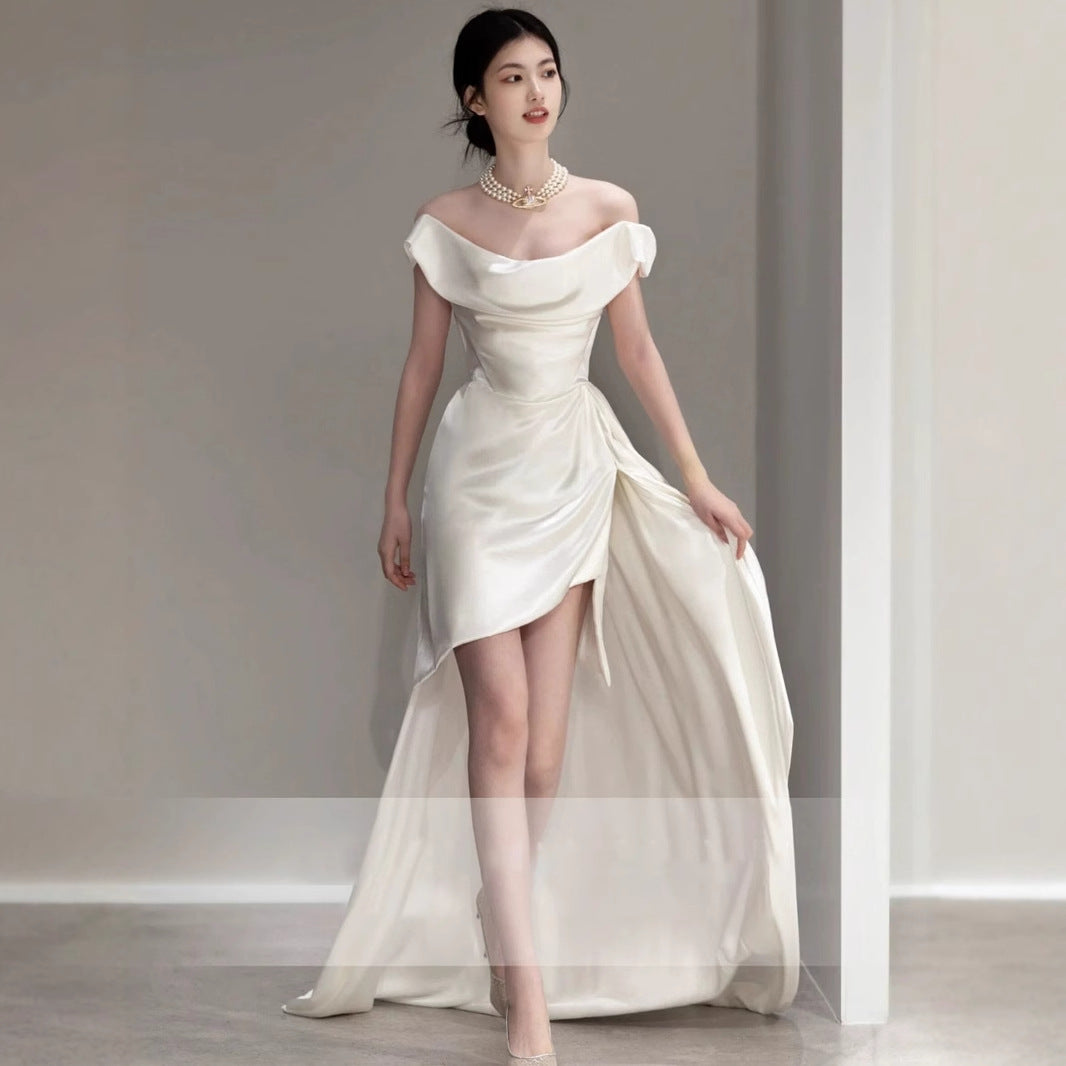 2025 White Satin Light Wedding Dress | One Shoulder Front Short Back Long Design | Perfect for Bridal, Party & Birthday Celebrations