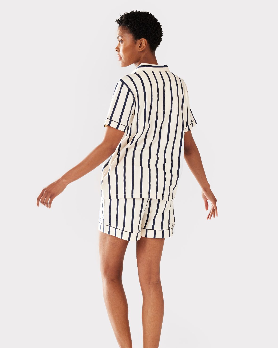 Organic Cotton Striped Short Pajama Set for Women - Navy Blue Sleepwear for Summer & Lounge Wear - Comfortable Nightwear for Relaxing at Home