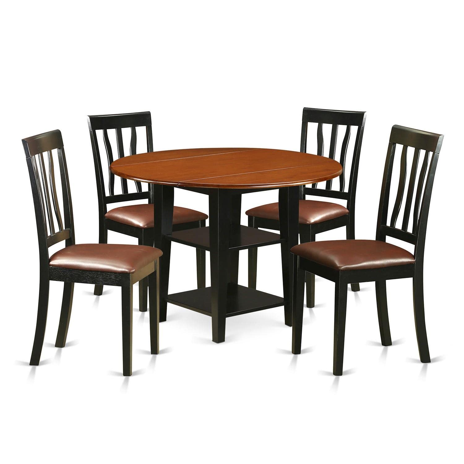 East West Furniture SUAN5-BCH-LC 5-Piece Kitchen Dining Set - Round Drop Leaf Table with Storage Shelf & 4 Faux Leather Chairs, 42x42 Inch, Black & Cherry - Perfect for Small Spaces, Breakfast Nooks, and Cozy Apartments