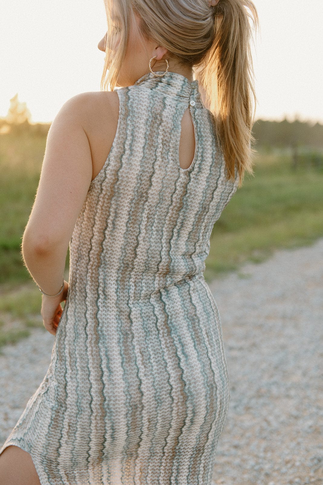 Green Striped Crochet Midi Dress for Women - Boho Summer Beach Dress with Floral Embroidery | Perfect for Vacations, Weddings & Date Nights