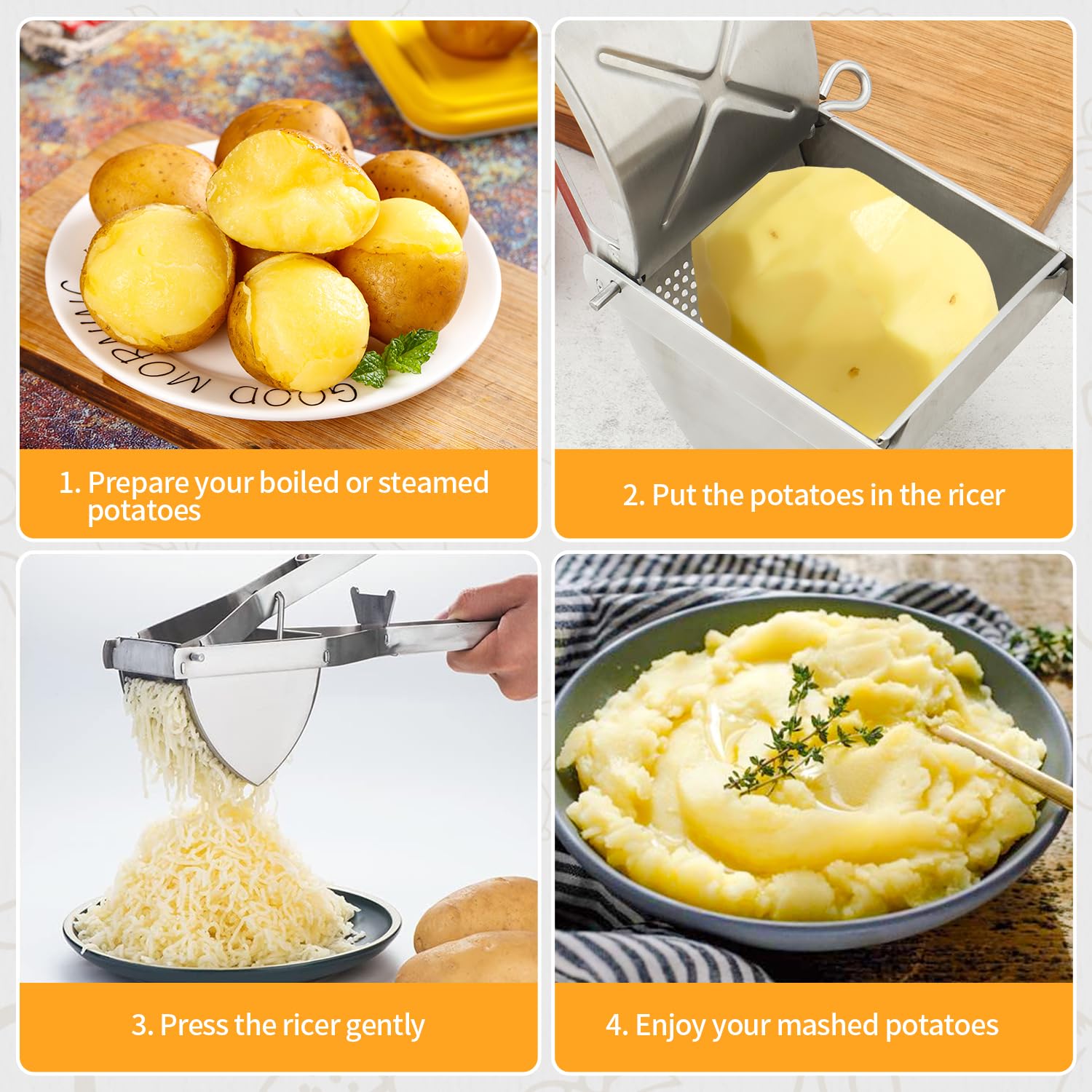 Premium Stainless Steel Potato Ricer & Masher - Heavy Duty Kitchen Tool for Smooth, Fluffy Mashed Potatoes, Purees & Fruit Juices | Perfect for Home Cooking, Baby Food Prep & Restaurant Use