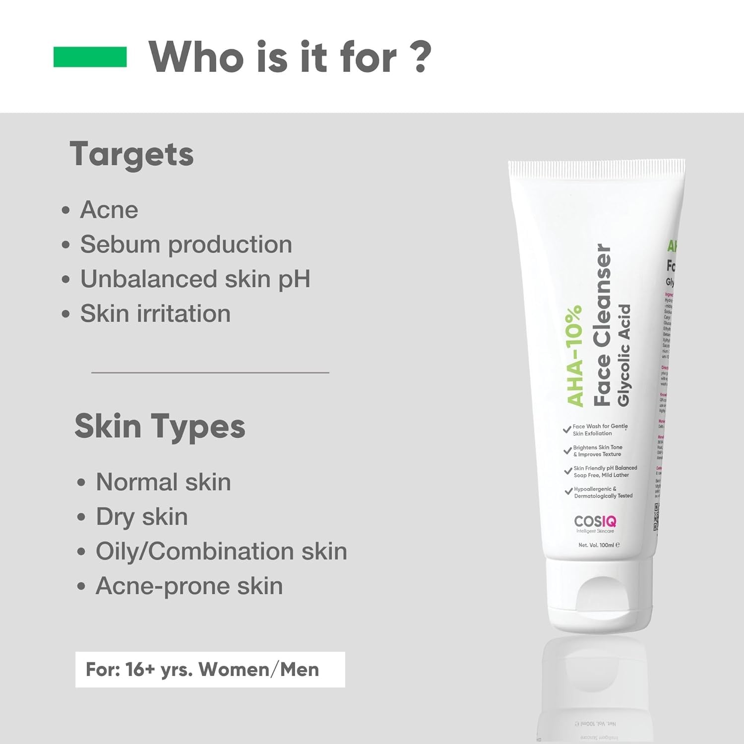 10% AHA Glycolic Acid Face Wash for Acne & Pimple Treatment - Gentle Exfoliating Cleanser for Glowing Skin | Soap-Free, Non-Irritating Formula for Men & Women | 100ml (3.53 Fl Oz) | Perfect for Daily Skincare Routine & Acne-Prone Skin