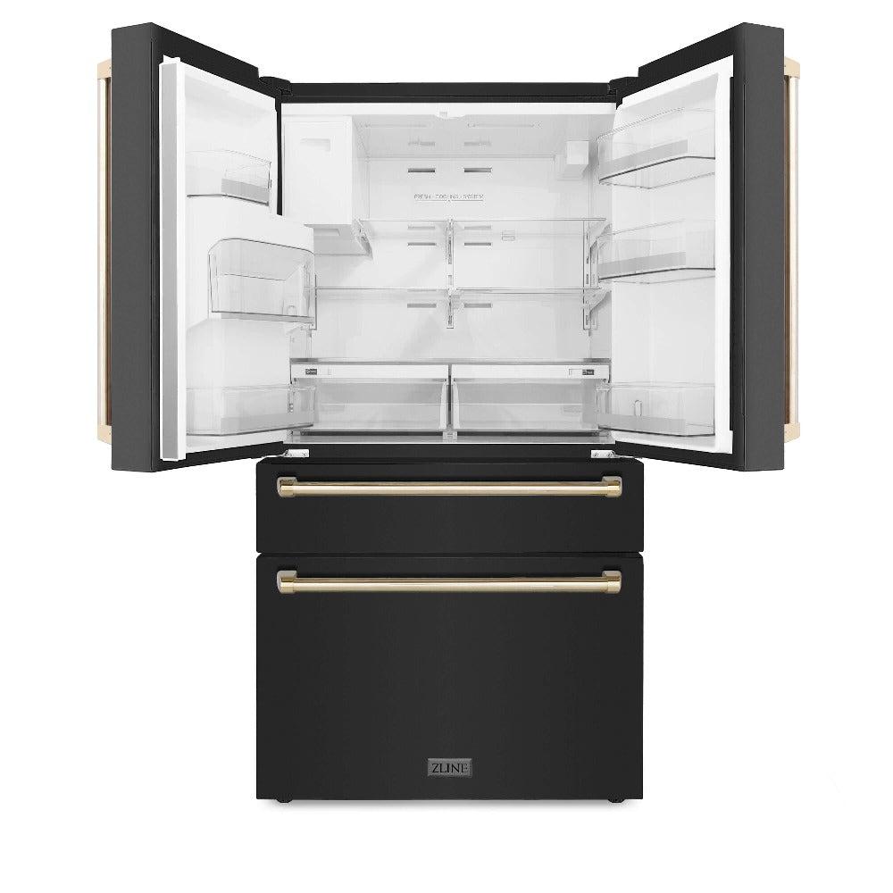ZLINE Autograph Edition 30-inch Black Stainless Steel Kitchen Package - Dual Fuel Range, Range Hood, Dishwasher & Refrigerator with External Water Dispenser & Polished Gold Accents (4AKPR RABRHDWV30 G) | Premium Luxury Kitchen Appliances for Modern Homes & Gourmet Cooking