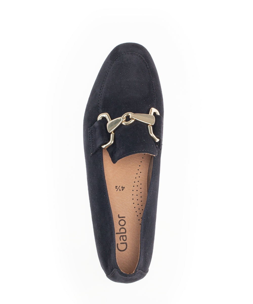Gabor Navy Suede Loafers for Women with Gold Buckle - Classic Comfortable Slip-On Shoes for Work, Office & Casual Wear (Style 21136)
