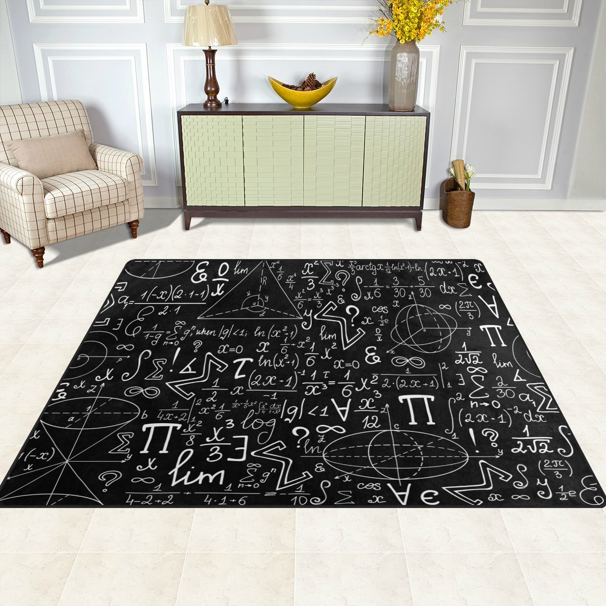 ALAZA Educational Math Formula Area Rug - Black School Themed Carpet for Living Room, Bedroom, Dorm - 7' x 5' Non-Slip Classroom Decor | Perfect for Study Rooms, Kids' Learning Spaces & Math Enthusiasts