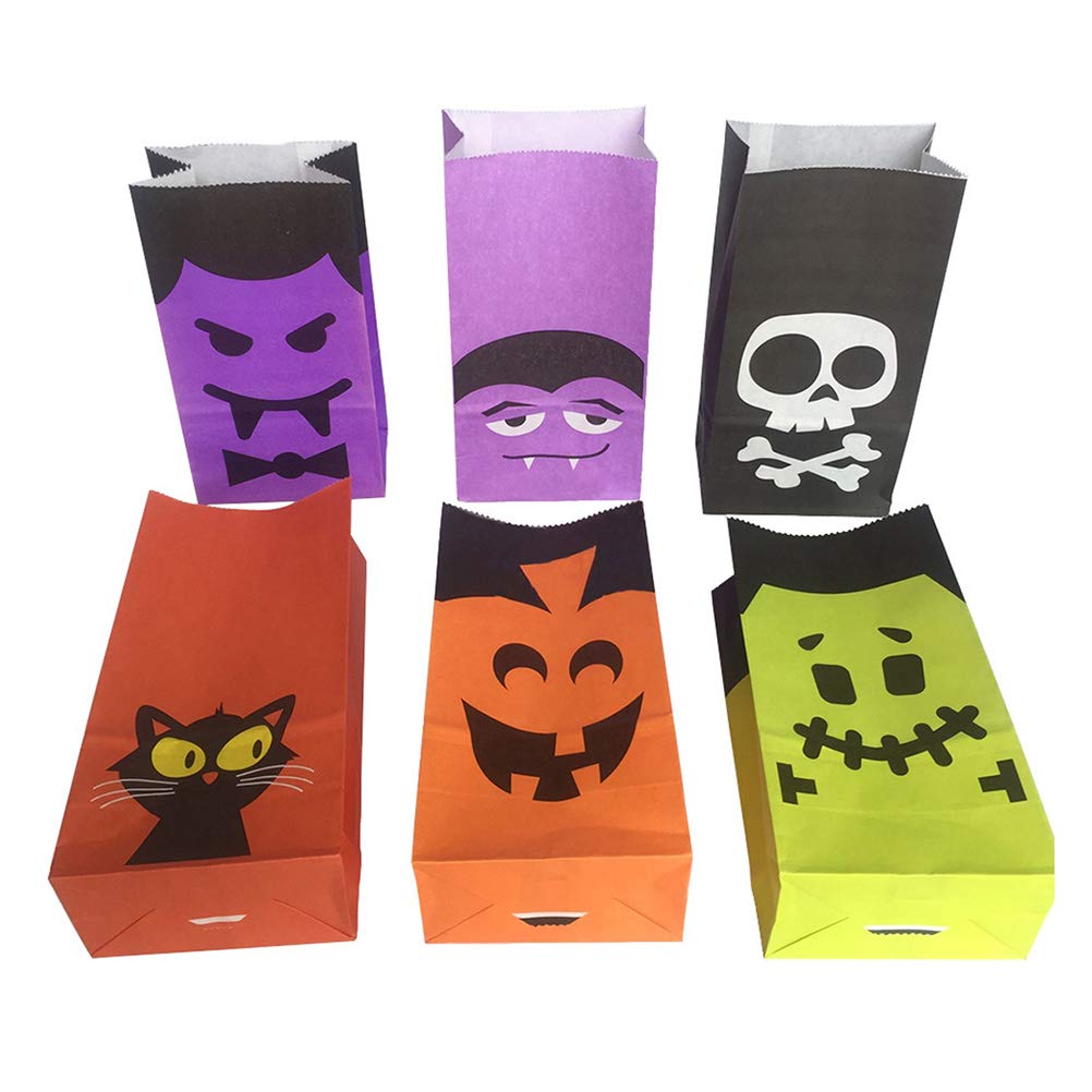 6 Pack Halloween Candy Bags - Kraft Paper Gift Bags for Party Favors, Candies, Chocolate & Biscuits | Reusable Tote Bags with Mixed Patterns | Perfect for Trick-or-Treating, Halloween Parties & School Events