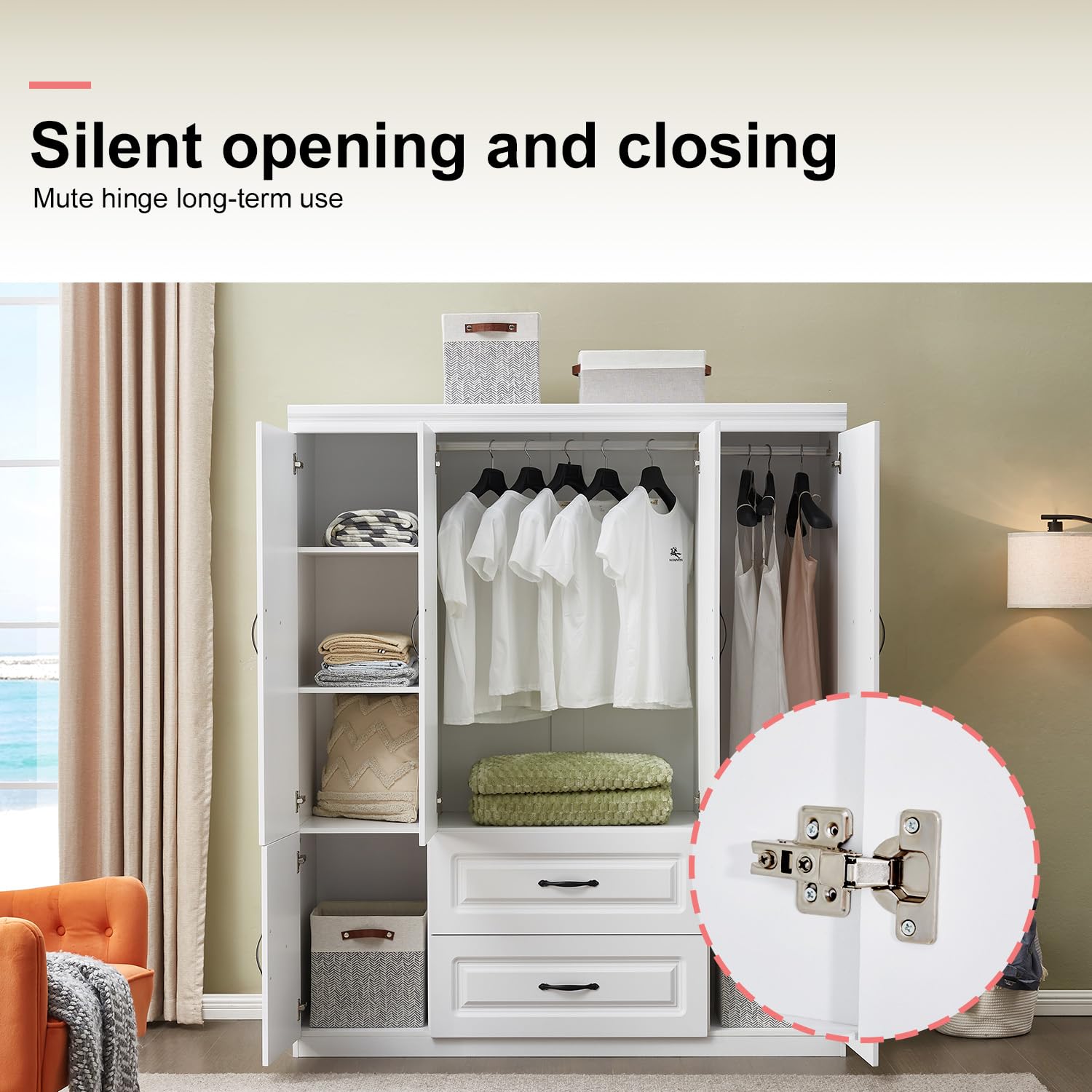 4-Door Armoire Wardrobe Closet with 2 Drawers & Hanging Rail - Tall Bedroom Storage Cabinet with Metal Handles, White - Perfect for Master Bedroom, Guest Room, and Apartment Organization