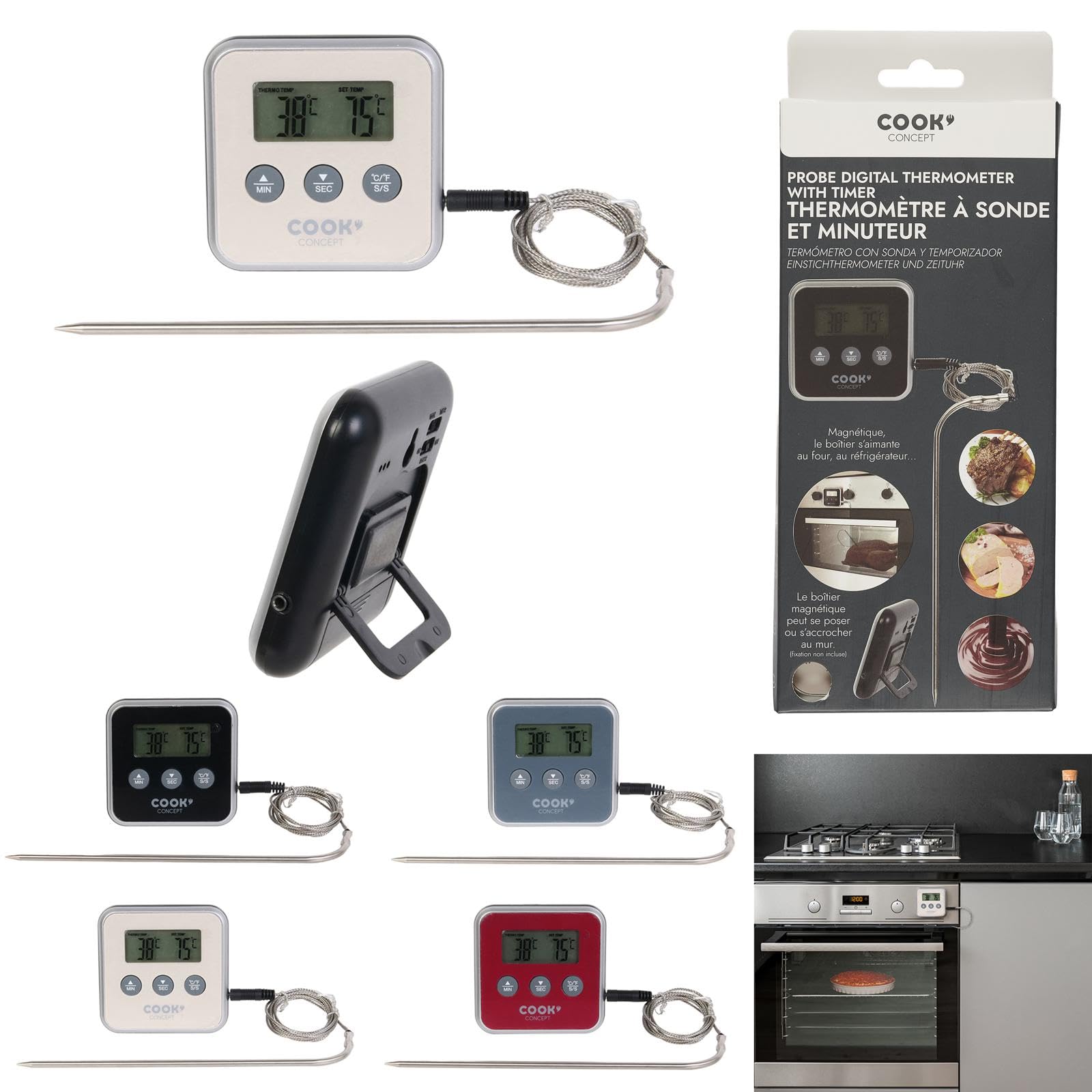 Digital Meat Thermometer with Probe & Timer - Red/Black/White/Green - Perfect for Grilling, Smoking, Baking & Sous Vide Cooking