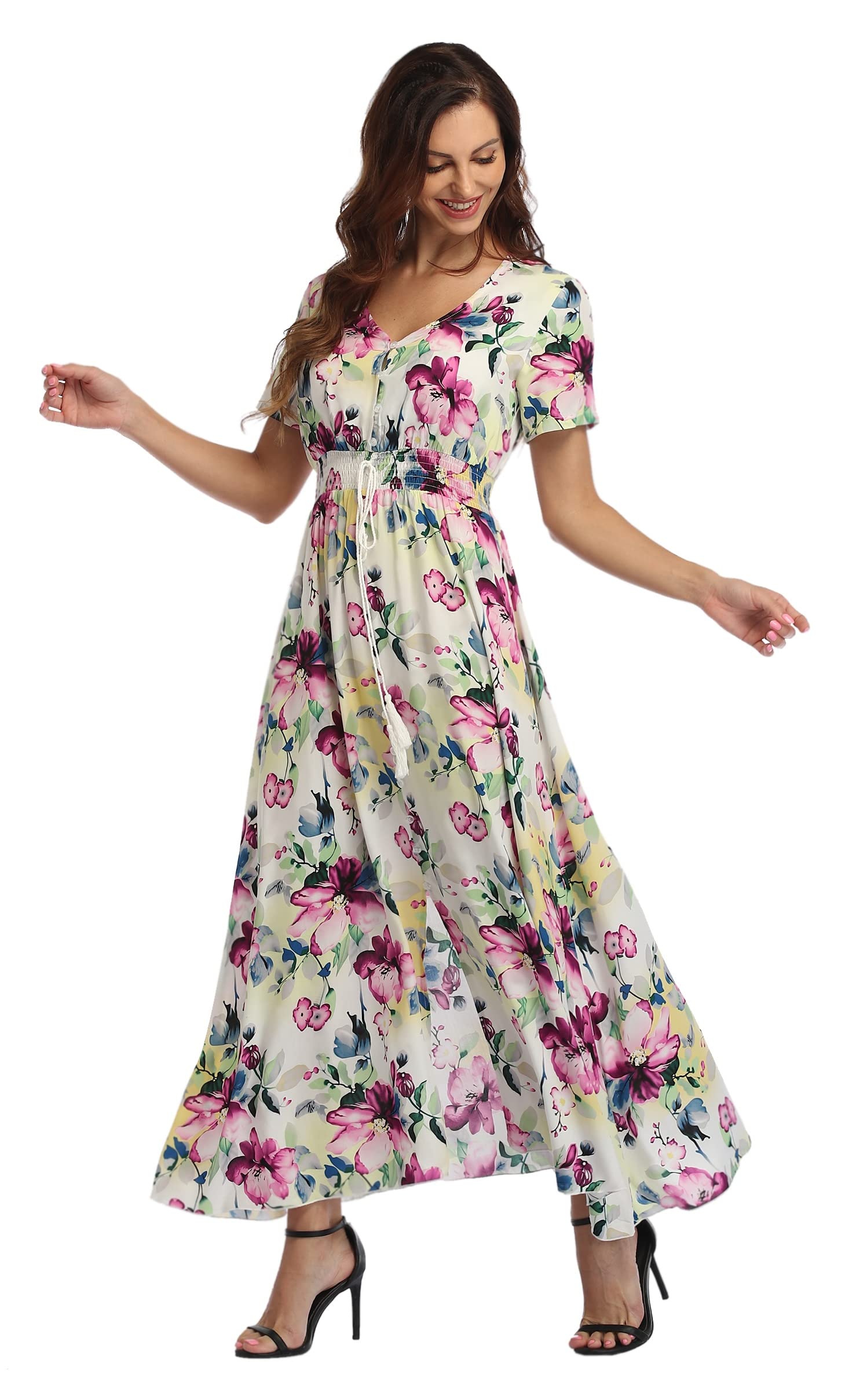 Ferrendo Women's Floral Maxi Dress - Button Up Bohemian Beach Dress with Side Slit | Flowy Summer Party Dress for Vacations, Weddings & Outdoor Events