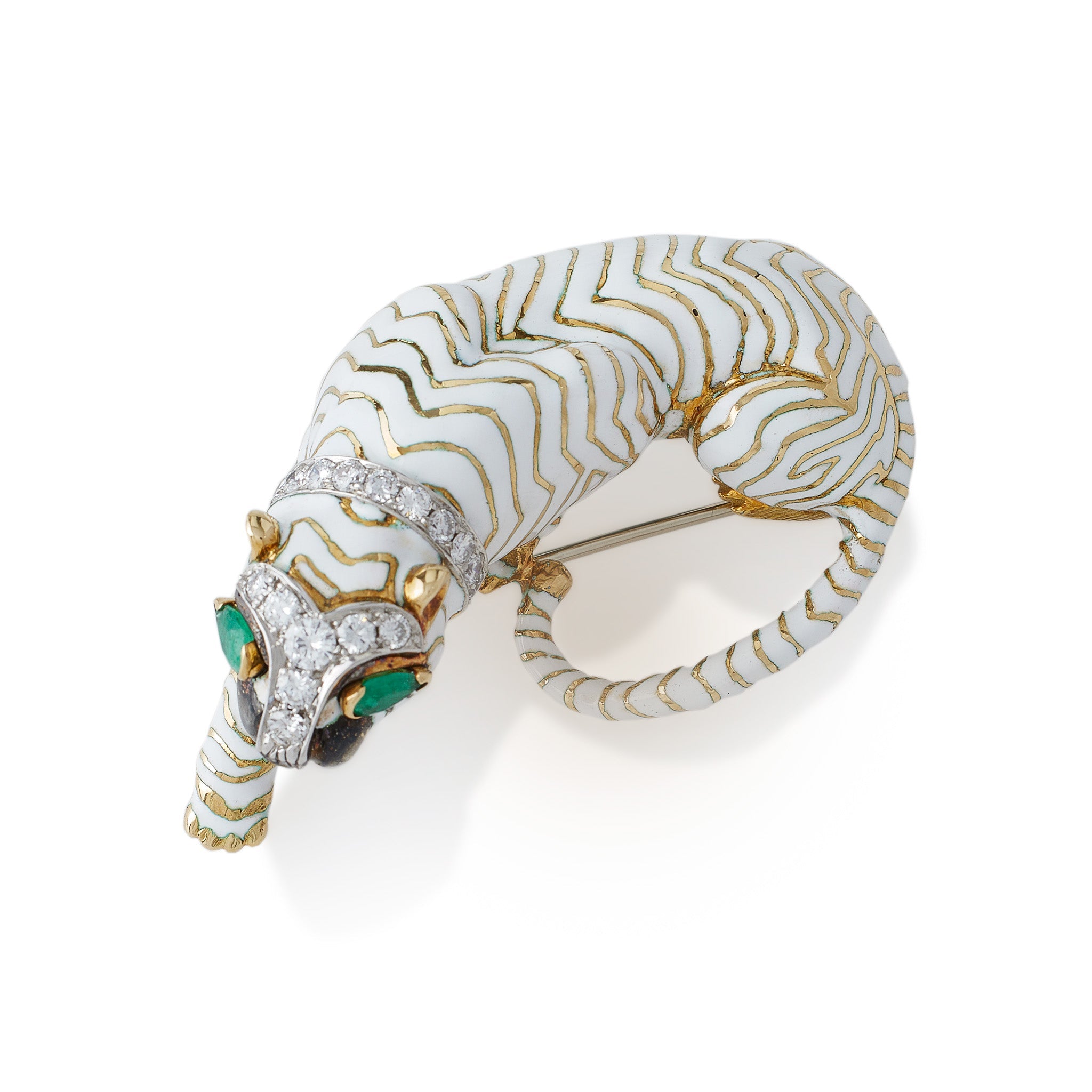 David Webb White Enamel Tiger Brooch - Elegant Animal Jewelry for Women, Luxury Tiger Pin for Blazers & Coats - Perfect for Parties, Weddings & Formal Events