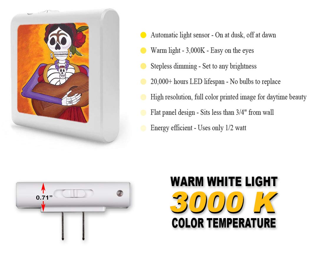 Dimmable LED Night Light with Auto On/Off Sensor, Adjustable Brightness & Warm White Light - Perfect for Bathroom, Hallway, Nursery & Bedroom - Flor Y Cano Day of The Dead Decor for Home Safety & Comfort