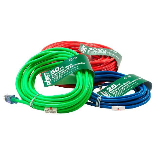 12/3 Gauge 100ft Heavy Duty Extension Cord with Lighted End - 120V, Red, Direct Wire - Perfect for Outdoor, Workshop, and Construction Use