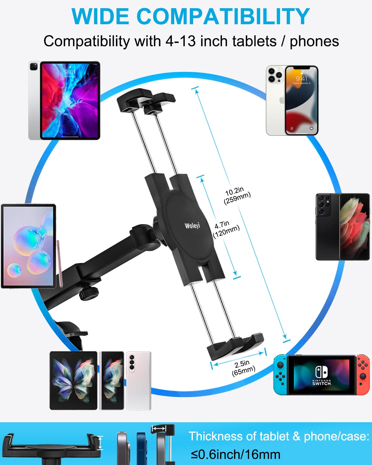 Woleyi Universal Car Dashboard & Windshield Tablet Holder - Adjustable Telescopic Arm Suction Cup Mount for iPad Pro/Air/Mini, Galaxy Tabs & 4.7-13