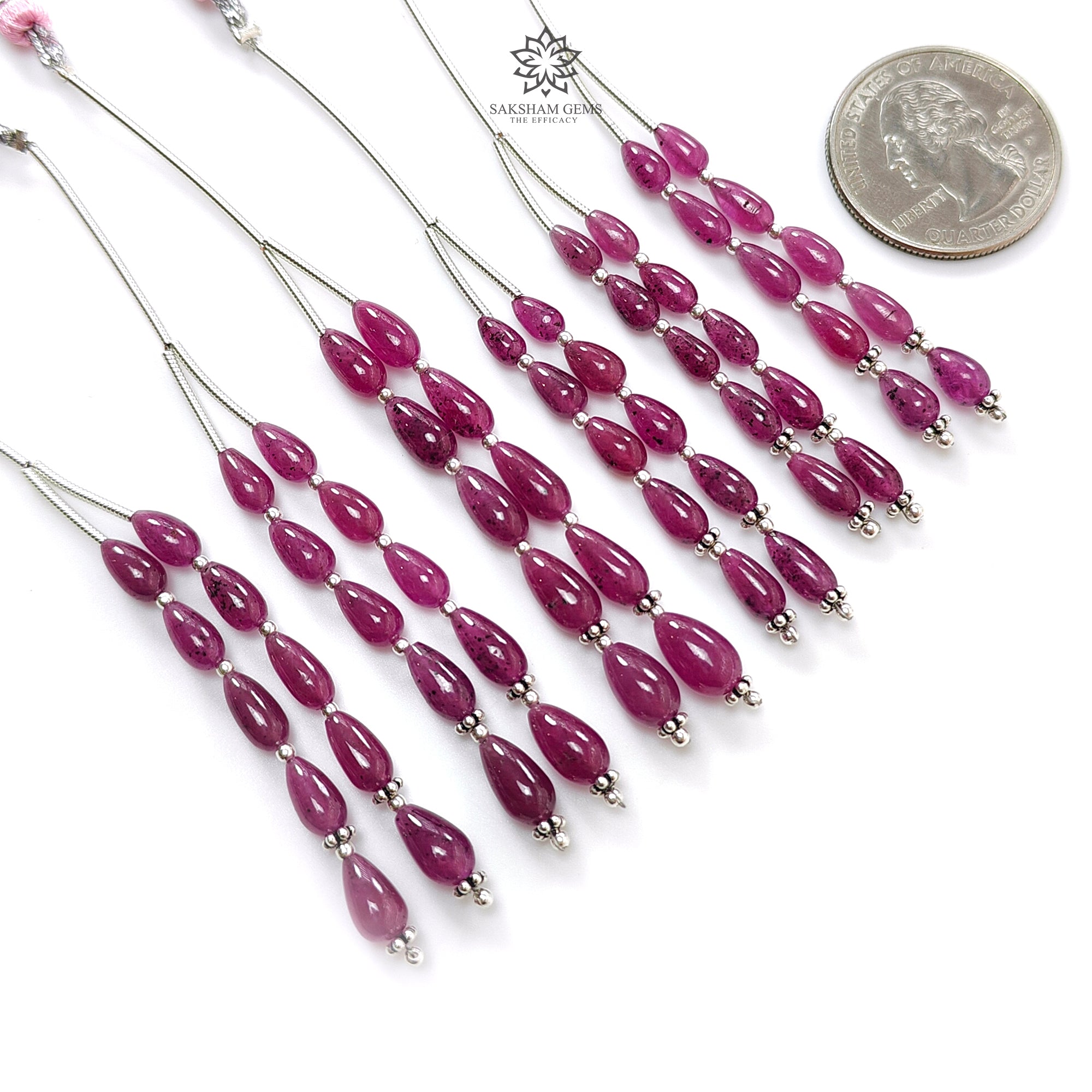 Natural Untreated Purple Ruby Teardrop Loose Beads - 17.30Cts Genuine Ruby Gemstone with 925 Sterling Silver - 7mm & 8mm Plain Beads for Jewelry Making, DIY Crafts, and Beading Projects