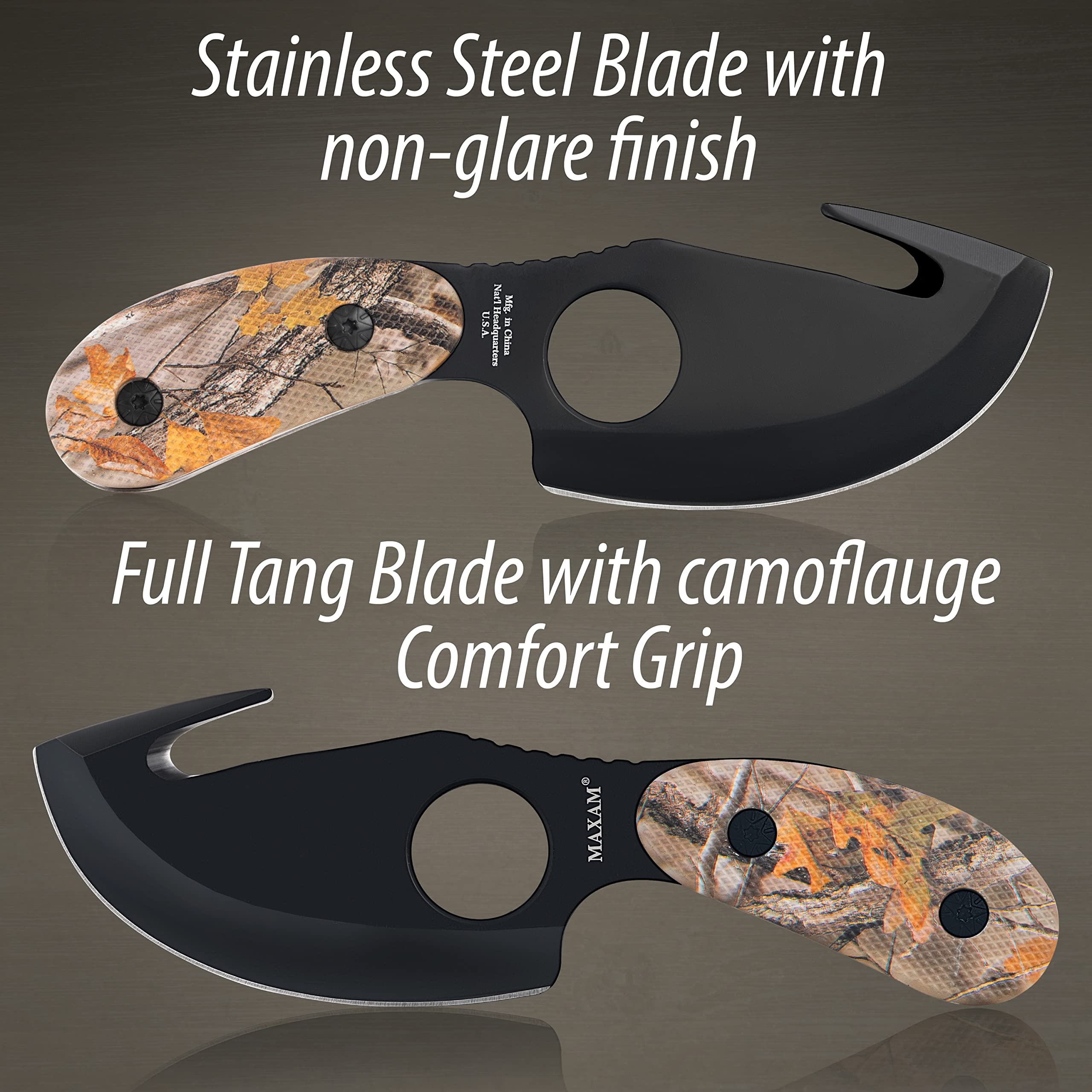 Maxam 7-Inch Fixed Blade Skinning Knife with Gut Hook - Full Tang Hunting Knife in Camo Finish - Includes Durable Nylon Sheath - Ideal for Hunting, Camping & Outdoor Survival