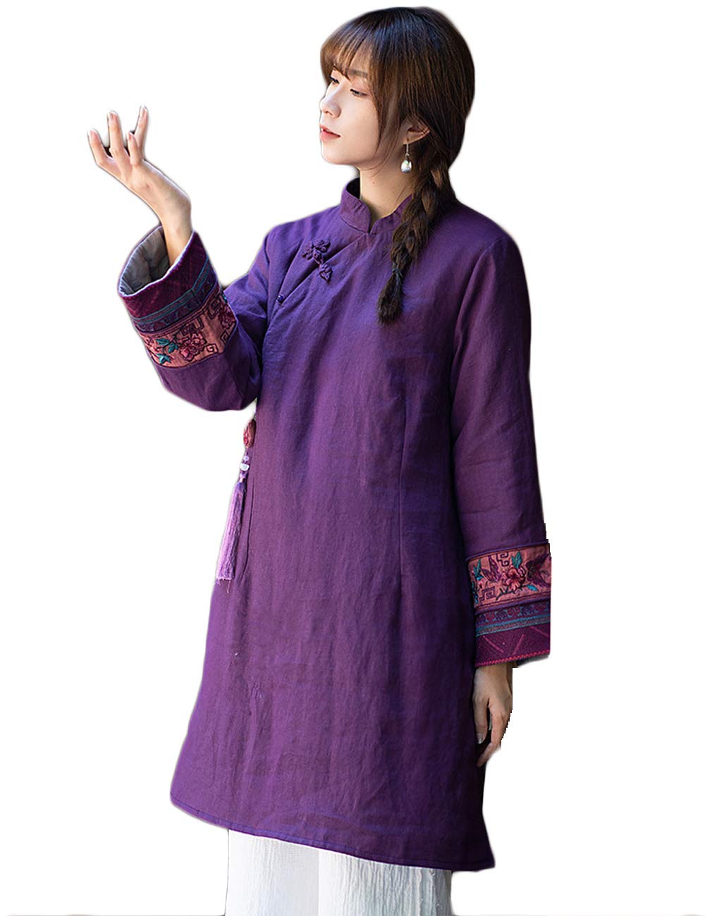 LZJN Women's Winter Padded Tang Suit Jacket - Embroidered Traditional Chinese Zen Outerwear with Tassels | Meditation, Yoga & Cultural Events