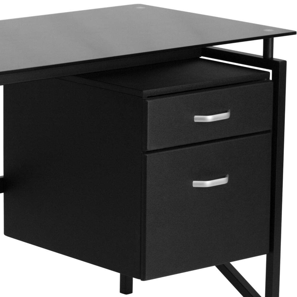 Flash Furniture Singleton Glass Desk with Two Drawer Pedestal - Black Modern Office Desk for Home & Office Workspace - Perfect for Small Spaces & Contemporary Decor
