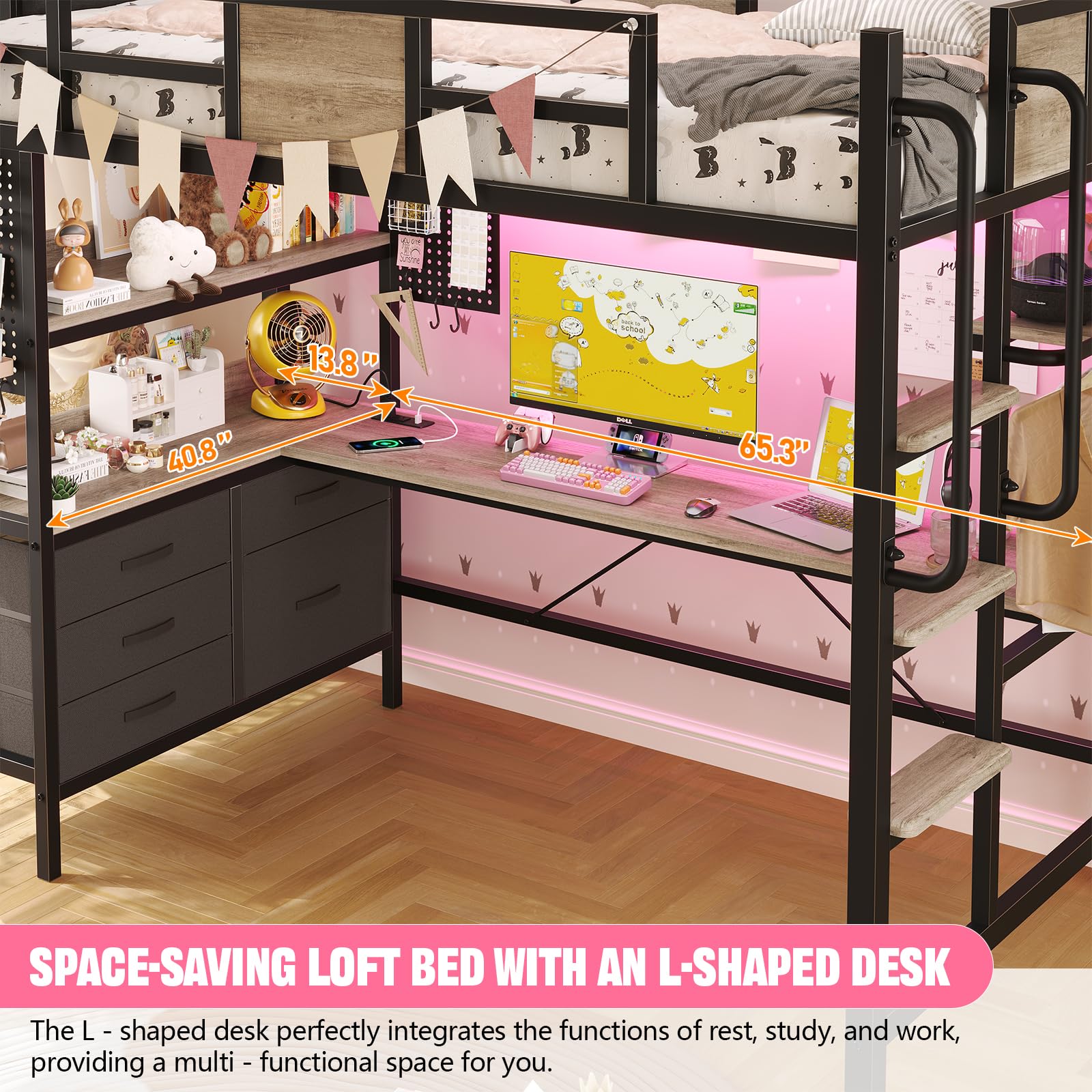 **Twin Size Loft Bed with L-Shaped Desk & Storage - Metal Bunk Bed Frame with Built-in Desk, LED Lights, Charging Station, 5 Drawers, 2 Pegboards & Clothes Rack - Noise-Free, Gray - Perfect for Small Spaces, Dorm Rooms & Kids' Bedrooms**