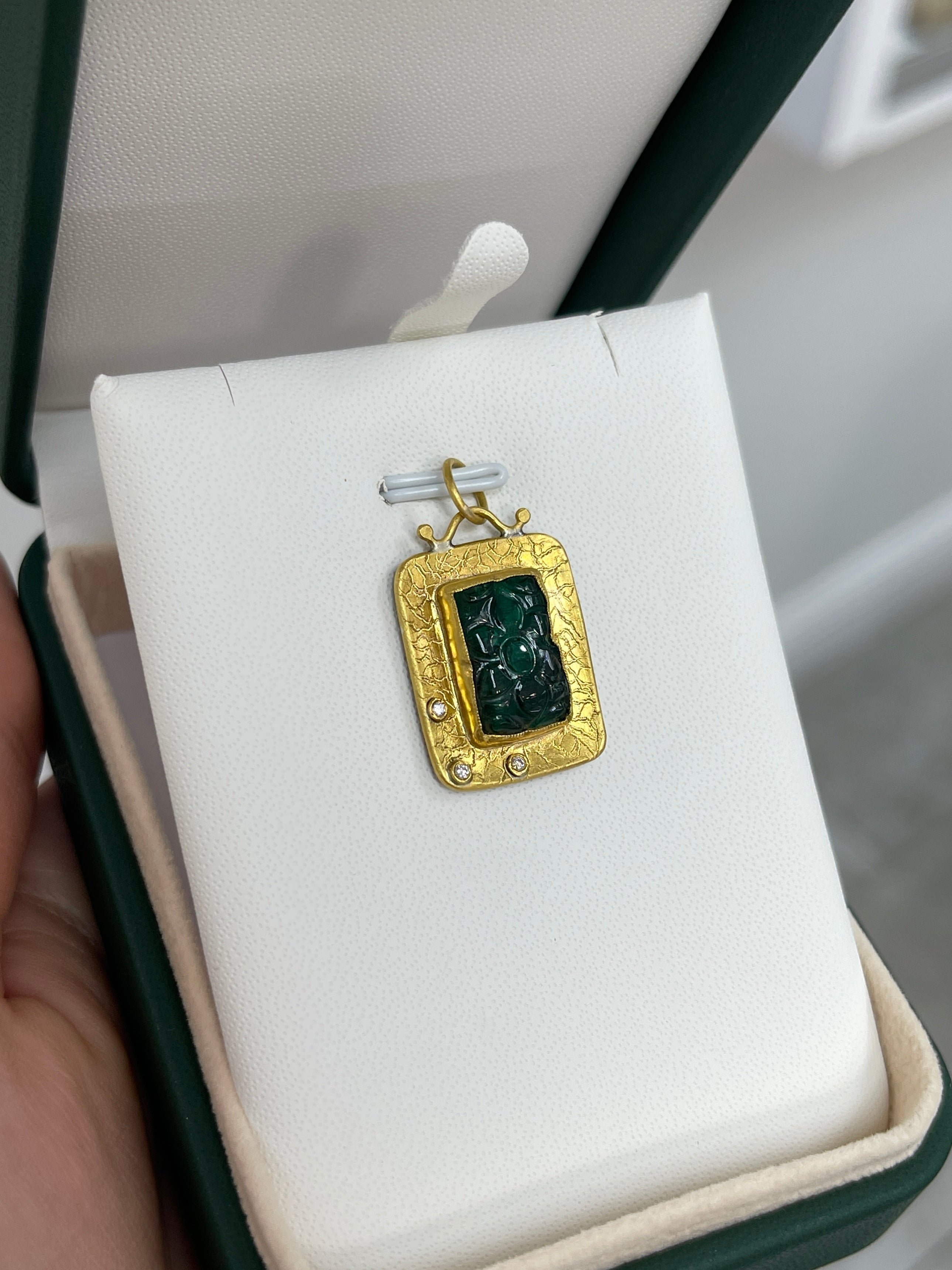 6.35 Carat Floral Hand-Carved Emerald & Diamond 24K Gold Pendant Necklace for Women | Elegant Jewelry Gift for Anniversary, Wedding & Special Occasions
