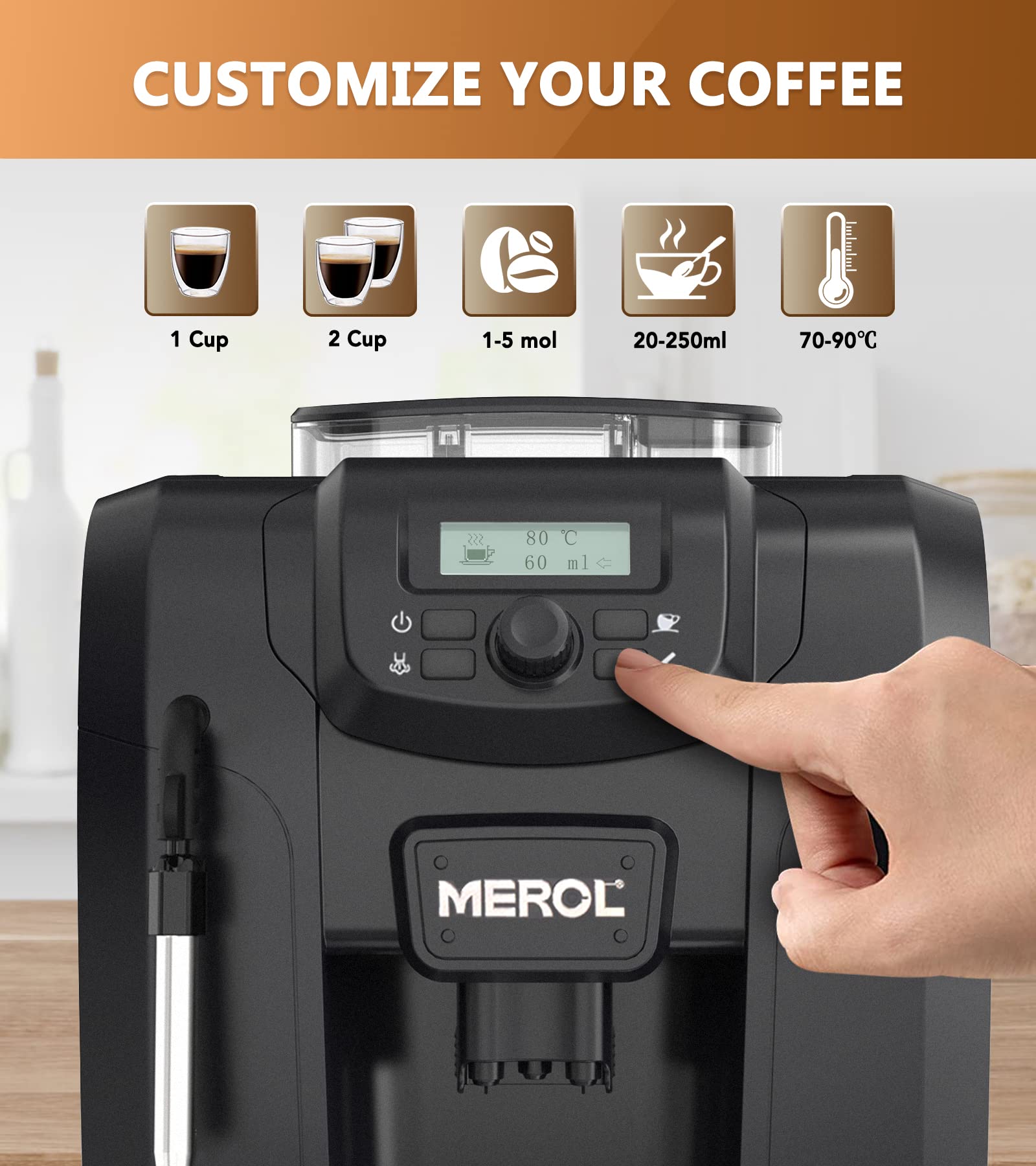 Fully Automatic Espresso Coffee Machine 19 Bar with Built-in Adjustable Grinder & Milk Frother - Perfect for Cappuccino, Latte, Macchiato - Ideal for Home Baristas & Coffee Lovers (ME-715, Black) - Great for Kitchen, Office, and Coffee Shops
